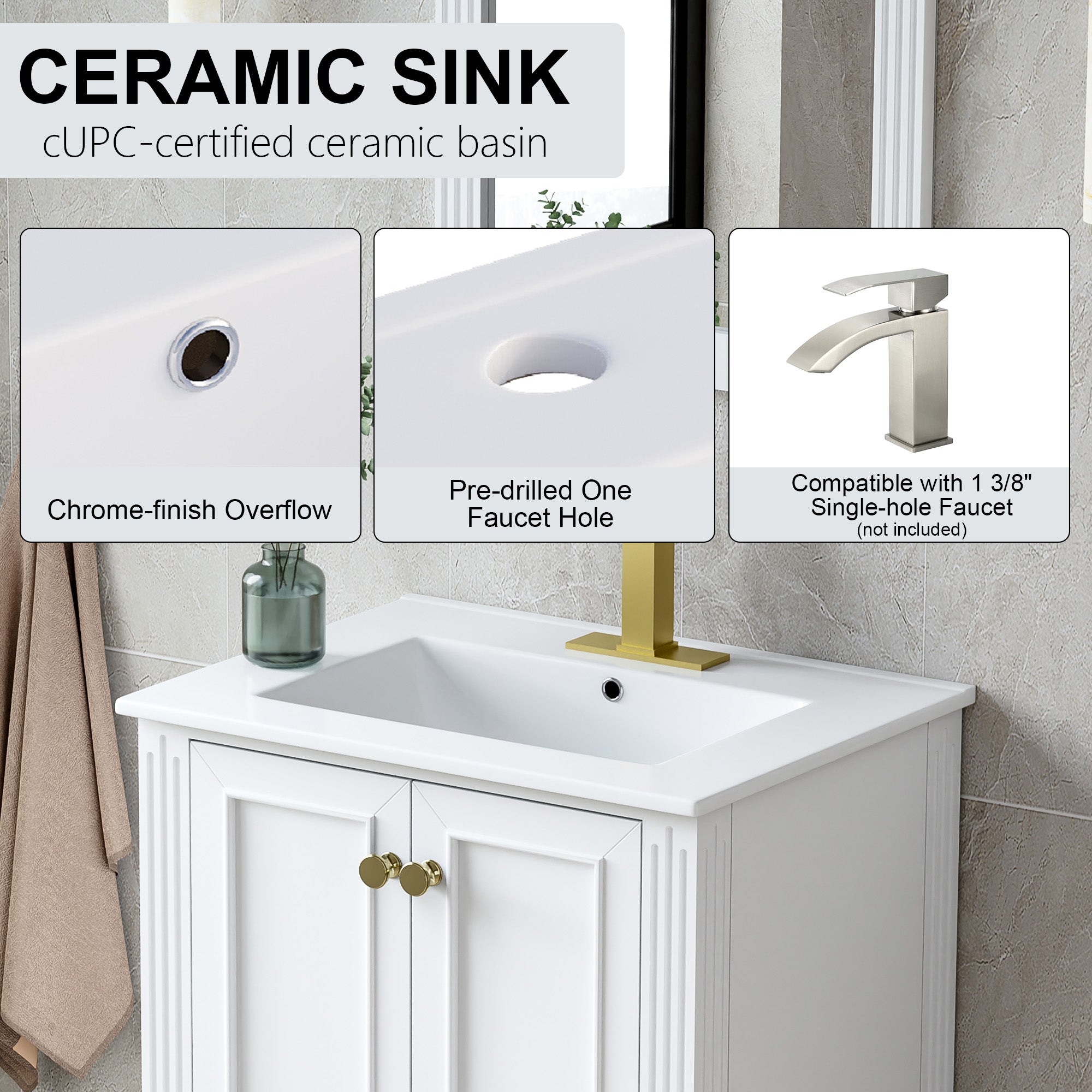 24 Inch Solid Wood Bathroom Vanity with cUPC Ceramic Basin, Soft-Close Doors and Brushed Gold Alloy Knobs