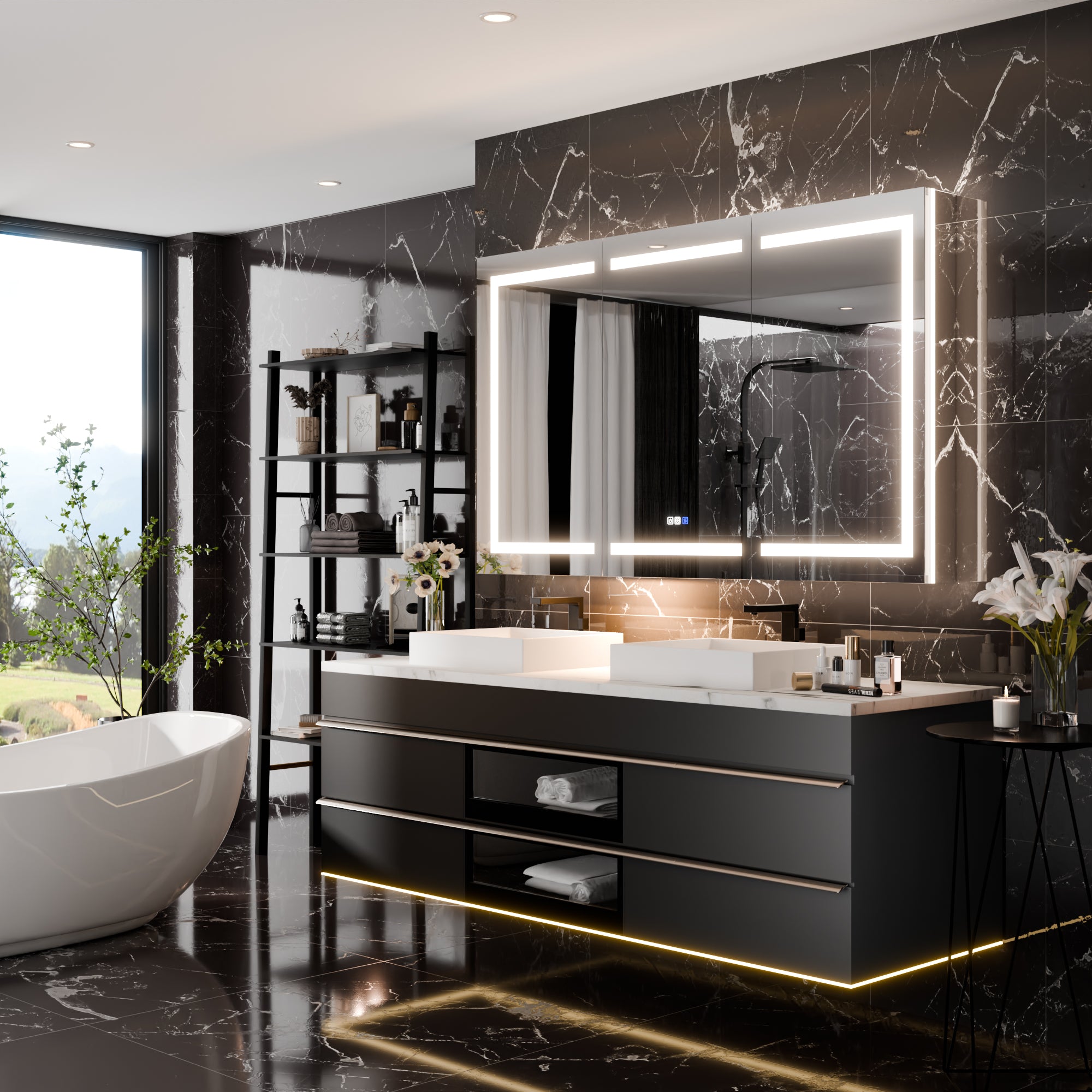 WELLFOR 60 in. x 36 in. Recessed/Surface Mount Right Medicine Cabinet with 5X Magnifier Mirror and Night Light