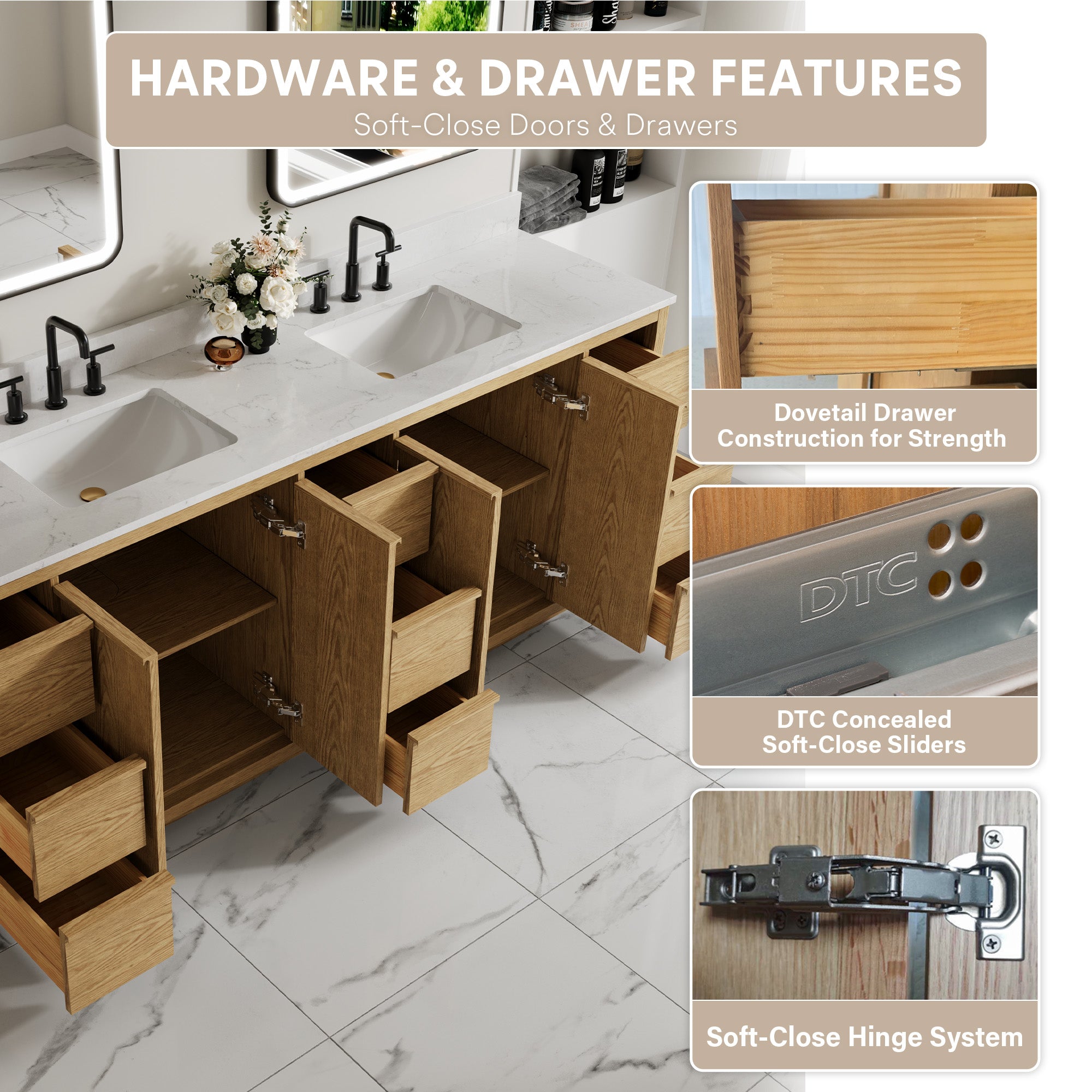 84 Inch Oak Soild Wood Bathroom Vanity with Double Undermount Sinks, 9 Dovetail-constructed Drawers and 4 Soft-close Doors