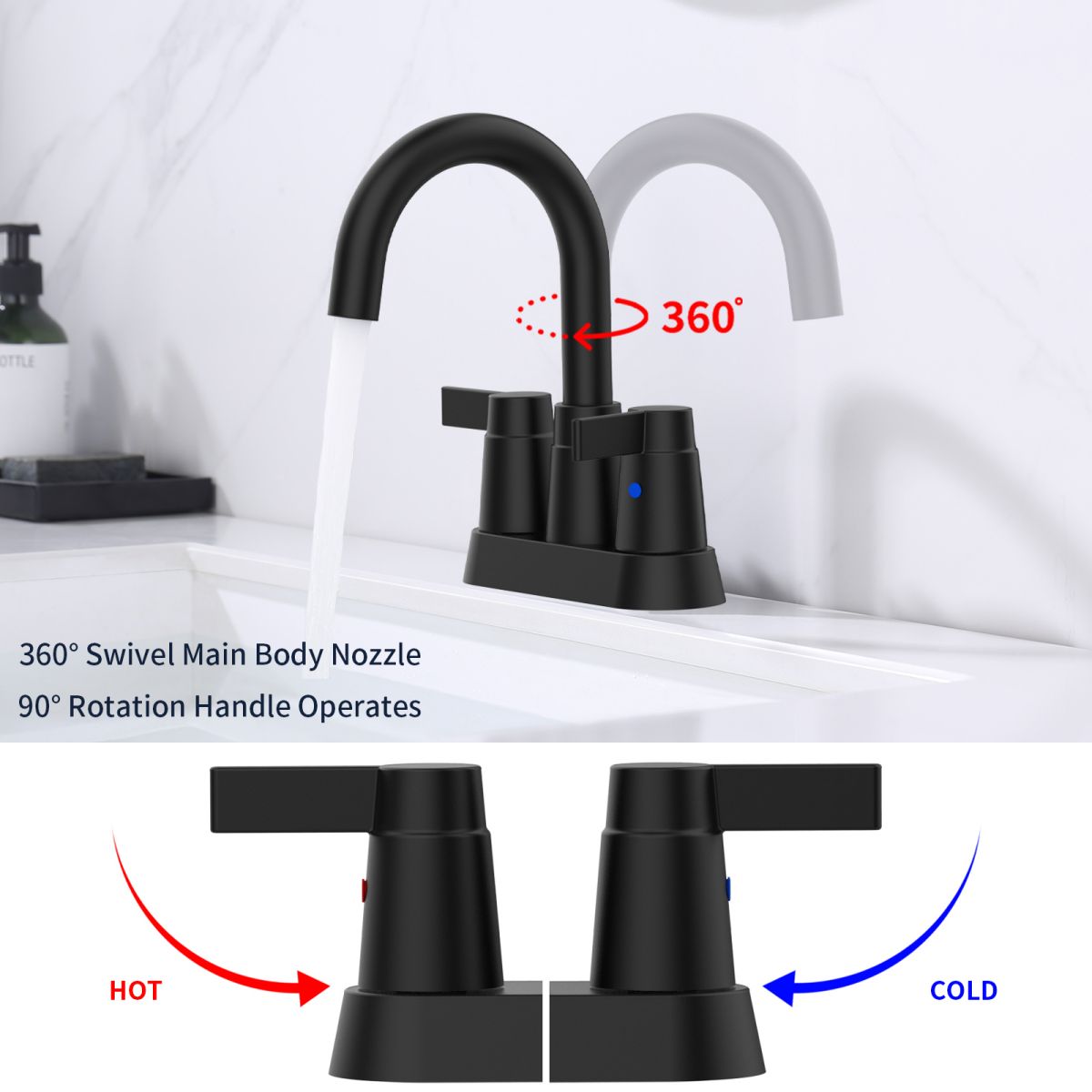 Matte Black 4 Inch Centerset Bathroom Faucet 2 Handle with High Arc Swivel