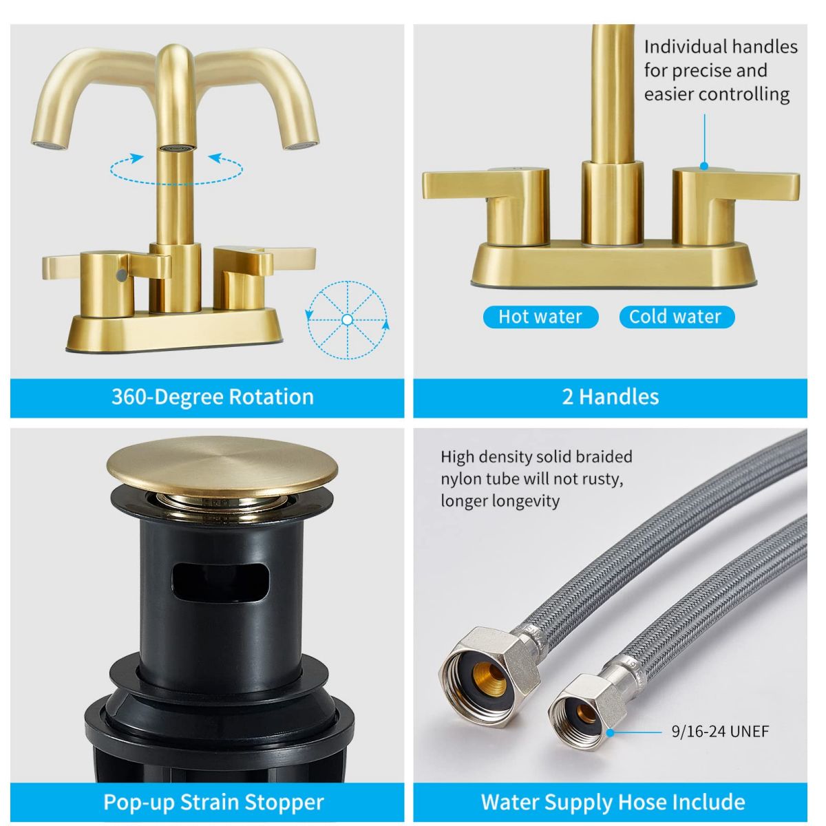 Brushed Gold 4 Inch Centerset 2 Handle Bathroom Faucet with Pop Up Drain