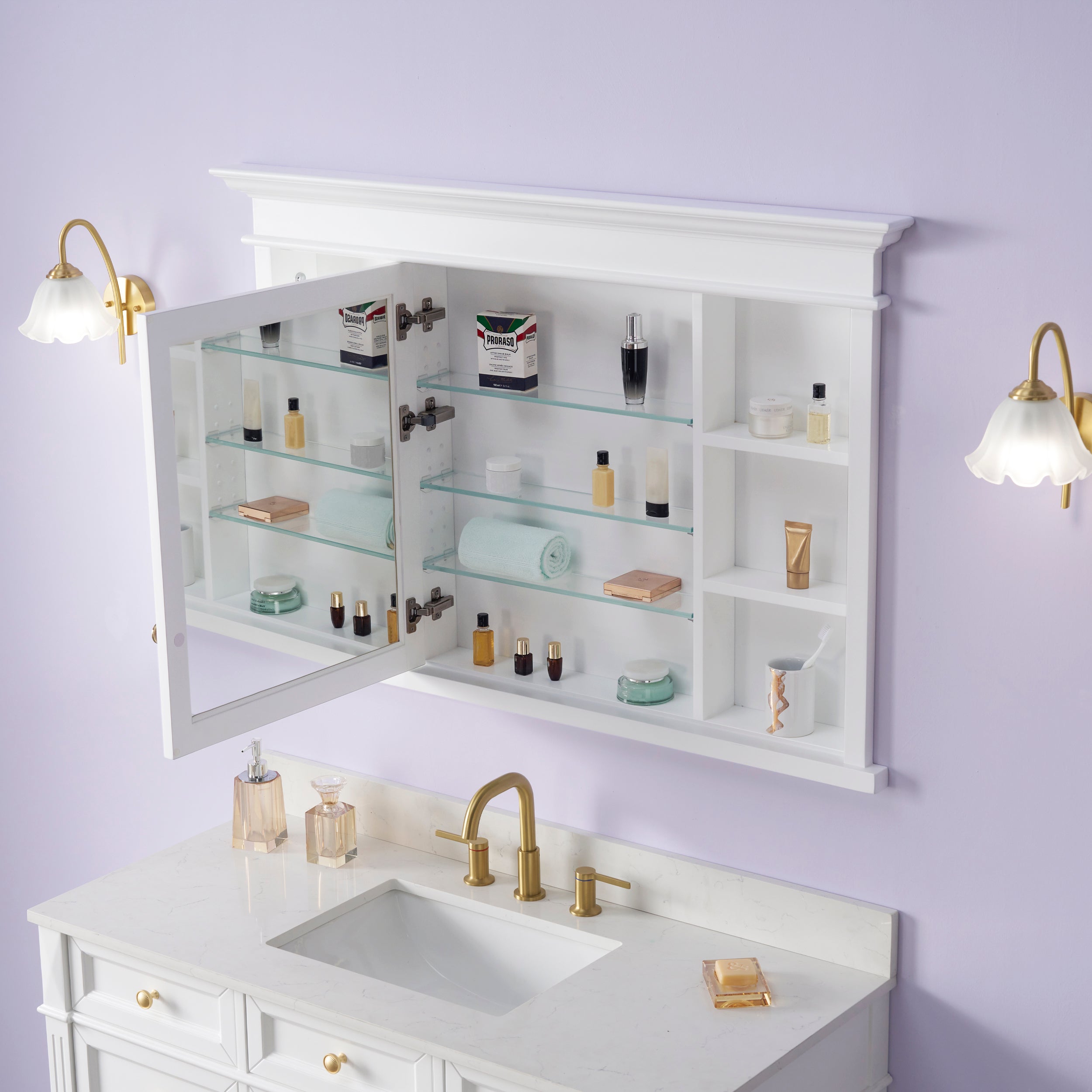 48 in.W x 32 in.H Recessed Solid Wood Bathroom Medicine Cabinet with Mirror in White