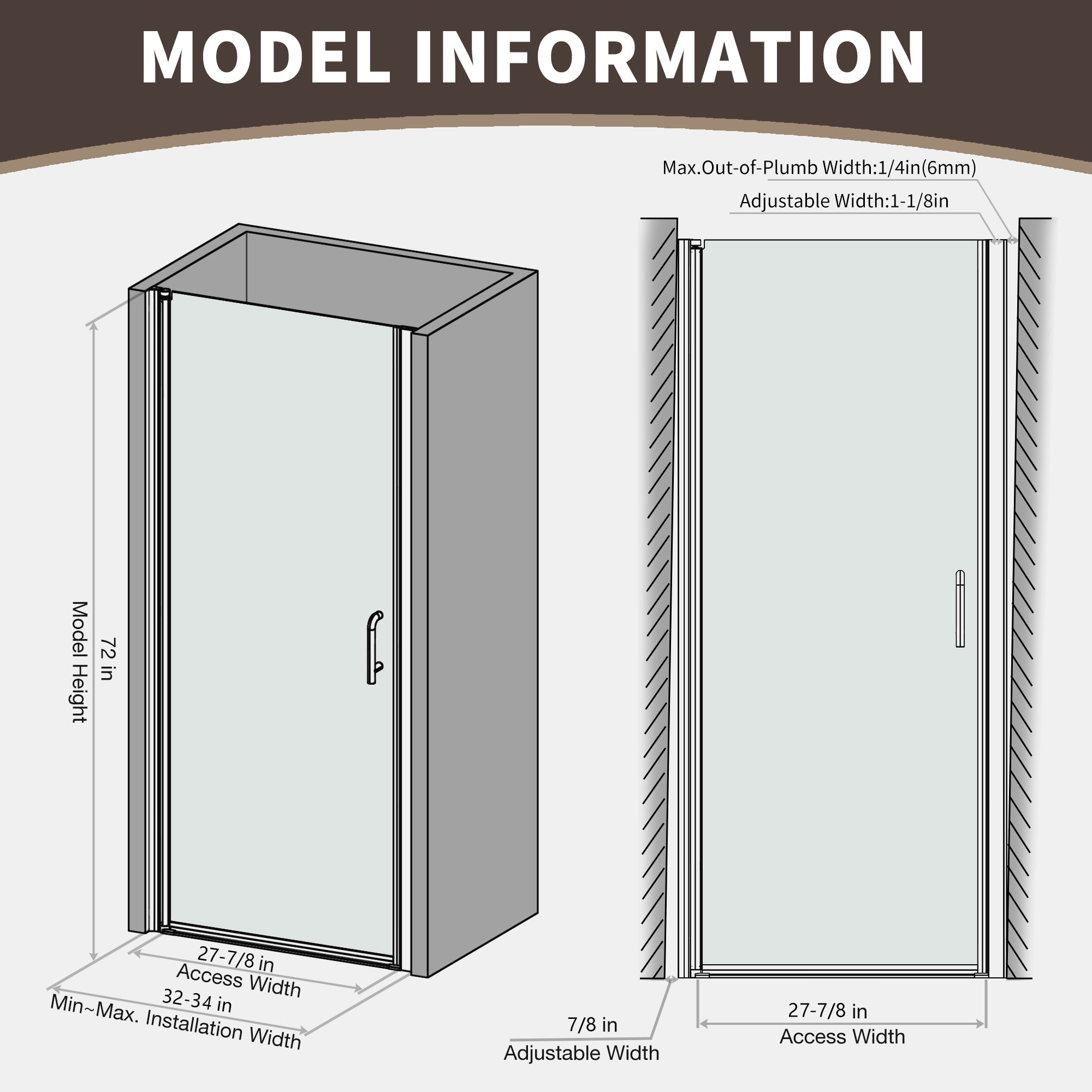 32-34 in. W x 72 in. H Semi-Frameless Pivot Shower Door with 1/4 in SGCC Tempered Glass, Reversible Installation, Matte Black