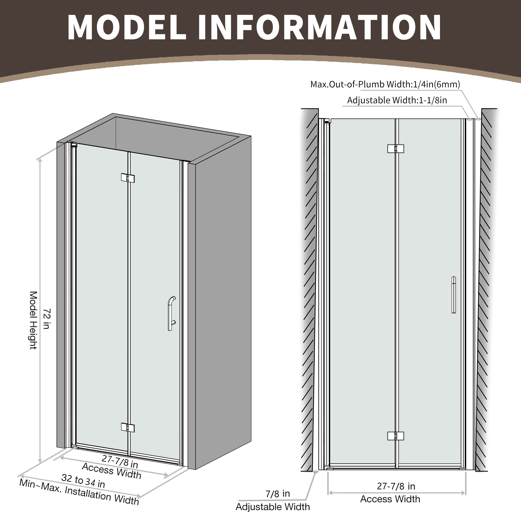32-34 in. W x 72 in. H Modern Semi-Frameless 1/4 in. Tempered Glass Bifold Pivot Shower Door with Reversible Installation, Matte Black