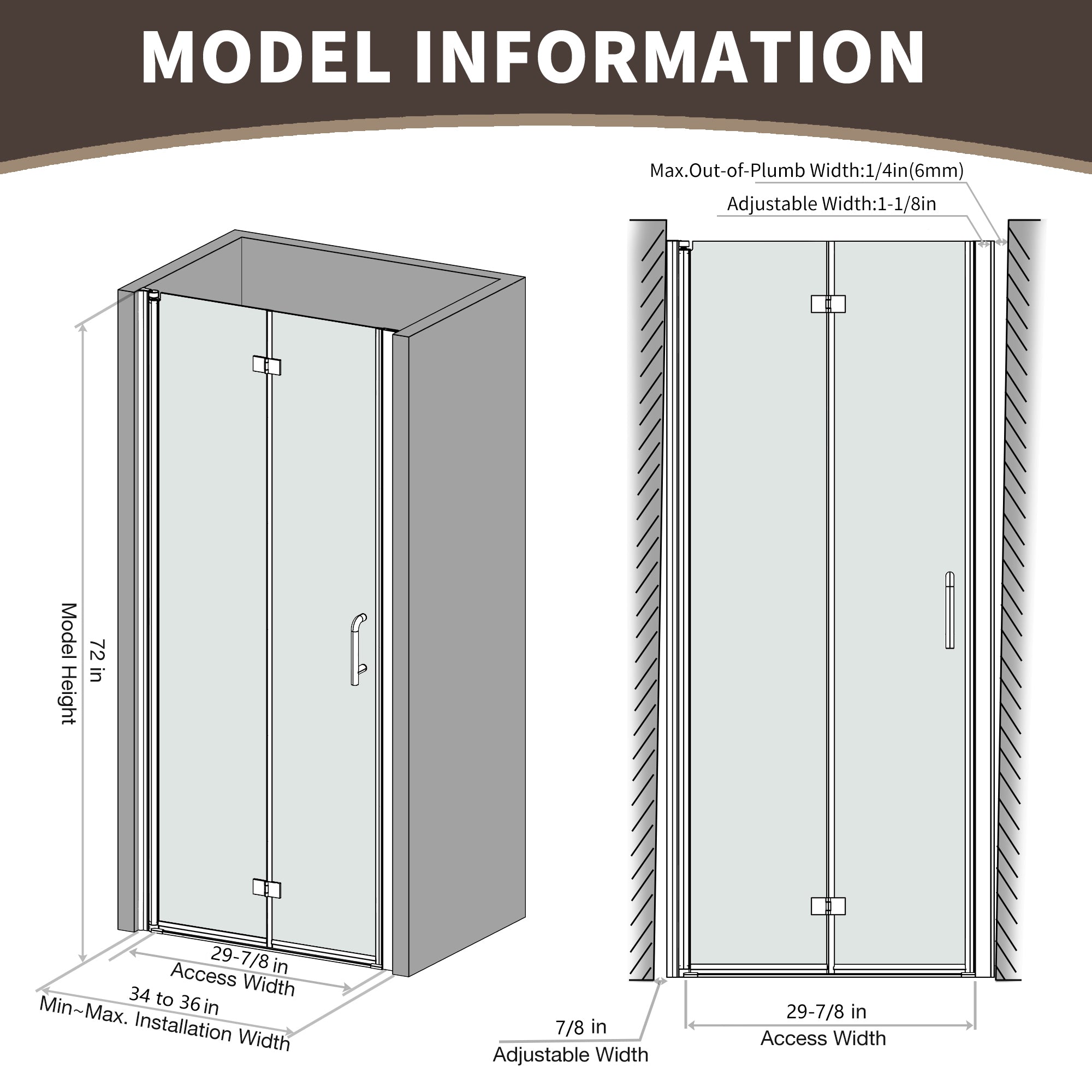 34-36 in. W x 72 in. H Modern Semi-Frameless 1/4 in. Tempered Glass Bifold Pivot Shower Door with Reversible Installation, Matte Black
