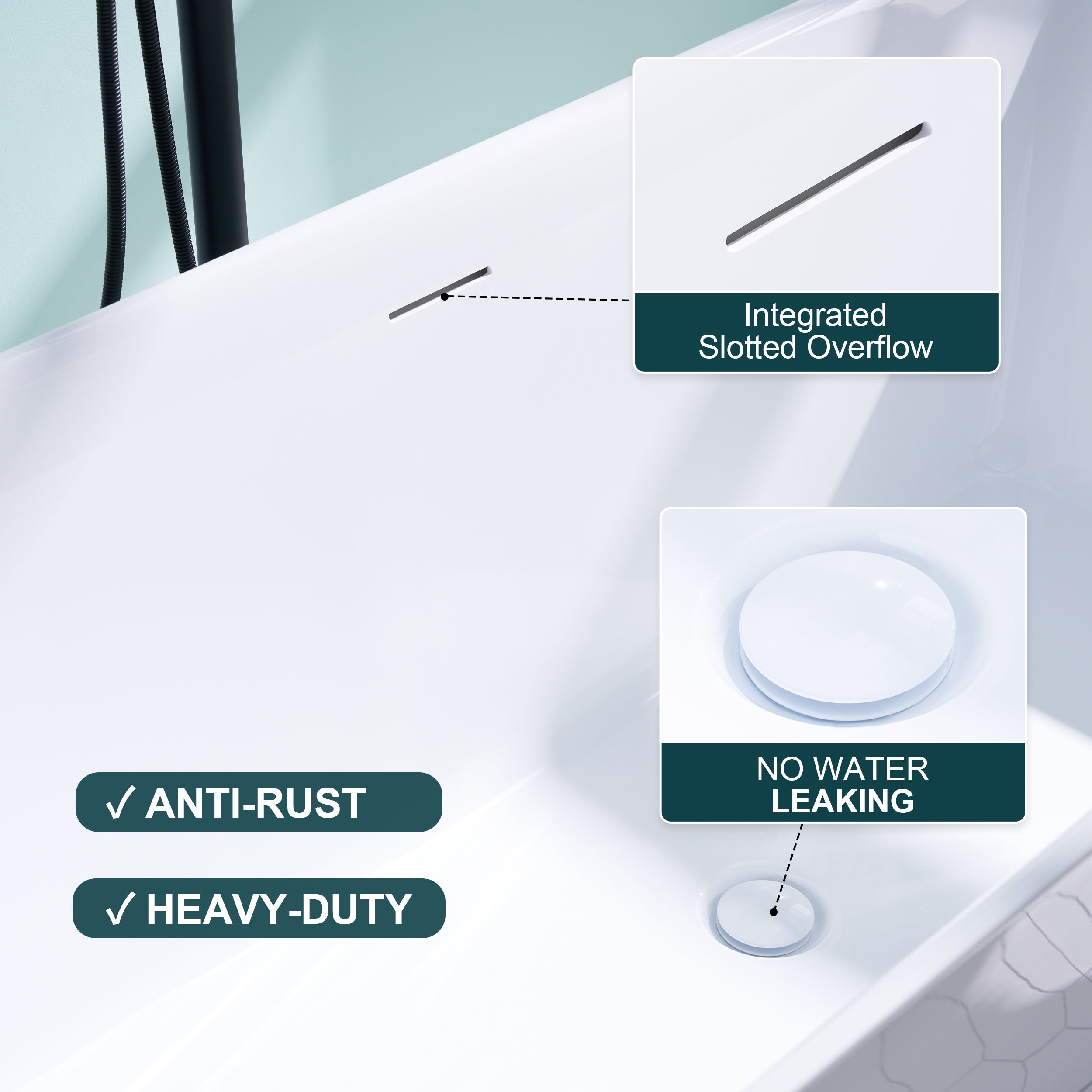 66" Freestanding Glossy White Acrylic Bathtub with Overflow and Drain Rectangle Tub
