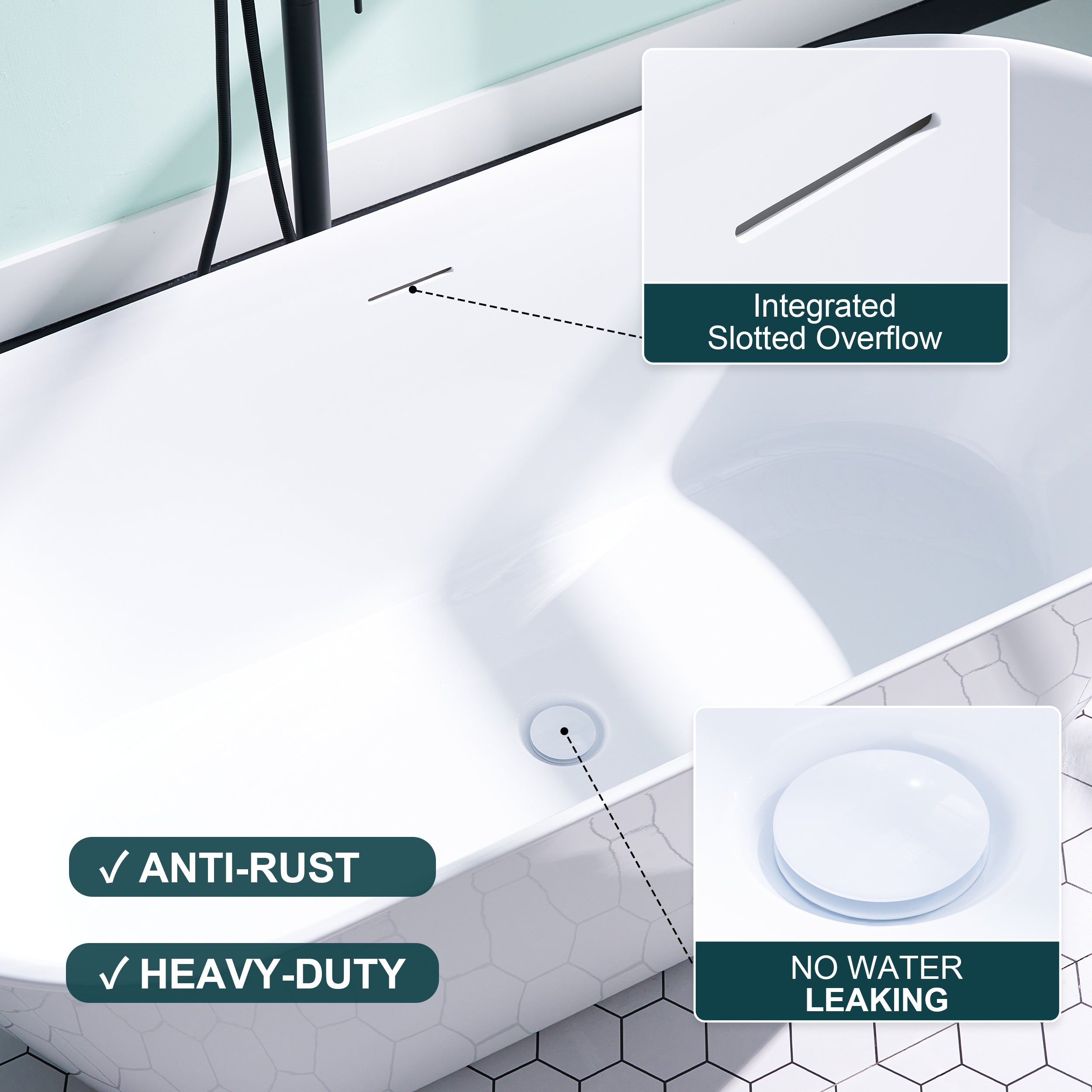 66" Freestanding Glossy White Acrylic Bathtub with Slotted Overflow