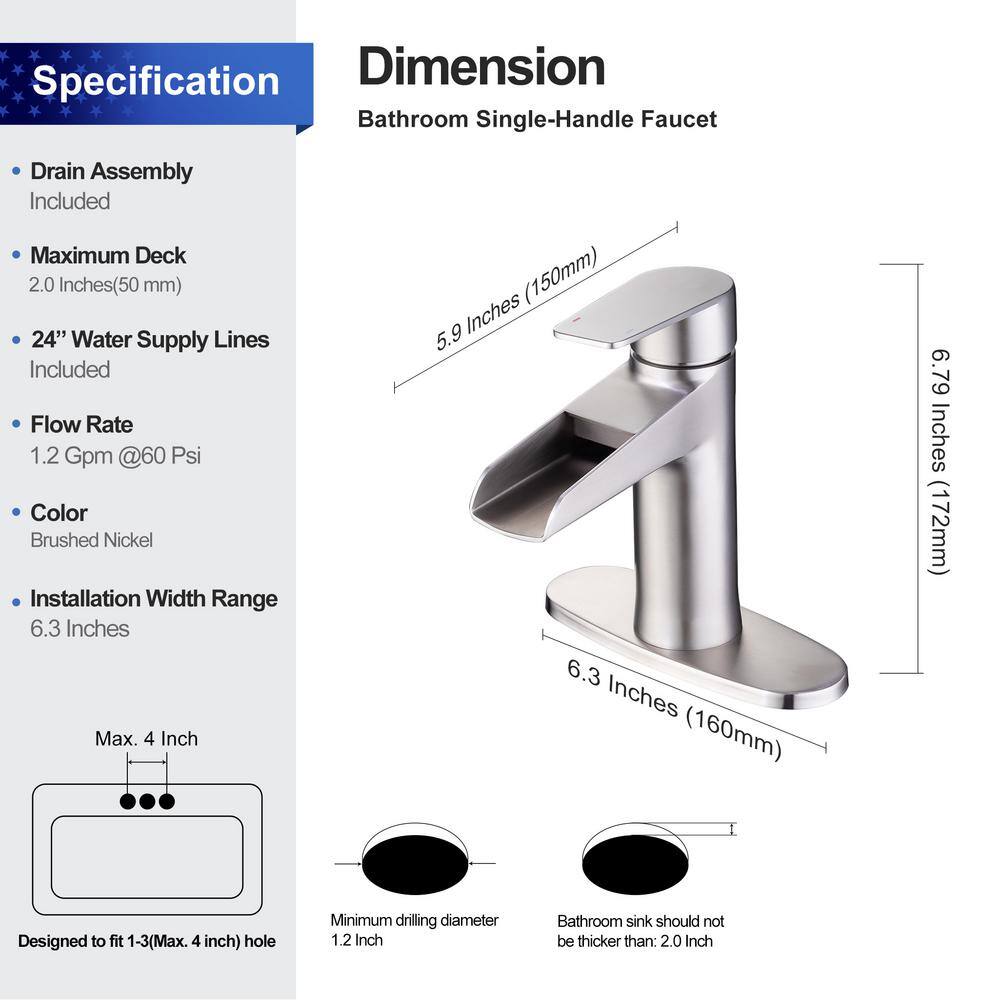 Single Handle Waterfall Spout Single Hole Bathroom Faucet with Deckplate and Drain Kit Included