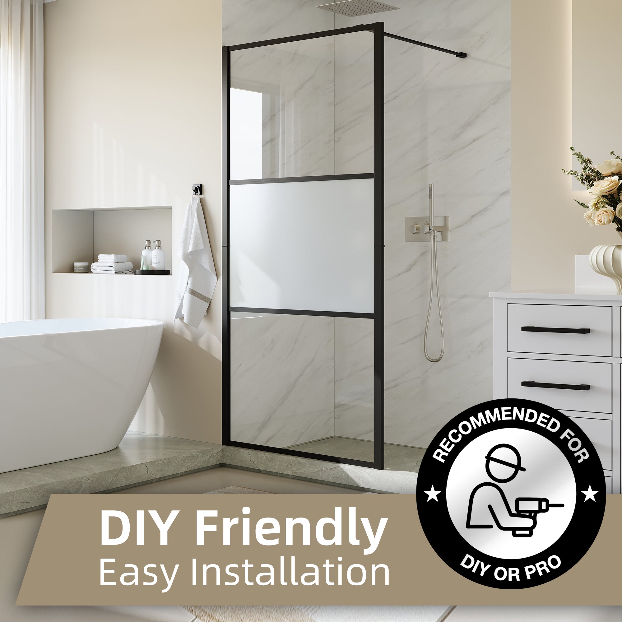 33 5/8-34” x 72” Frosted Tempered Glass Shower Door Panel, Fixed Walk-In Shower Screen with Matte Black Frame