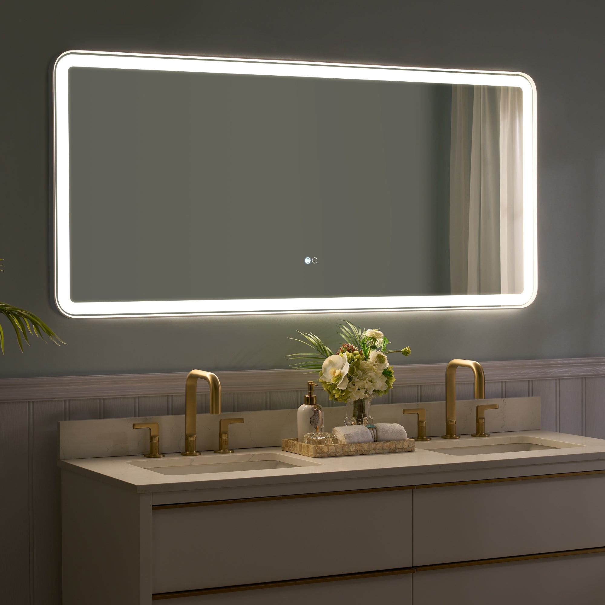 60 in. W x 28 in. H Framed LED Light Bathroom Vanity Mirror - Round Corners in White