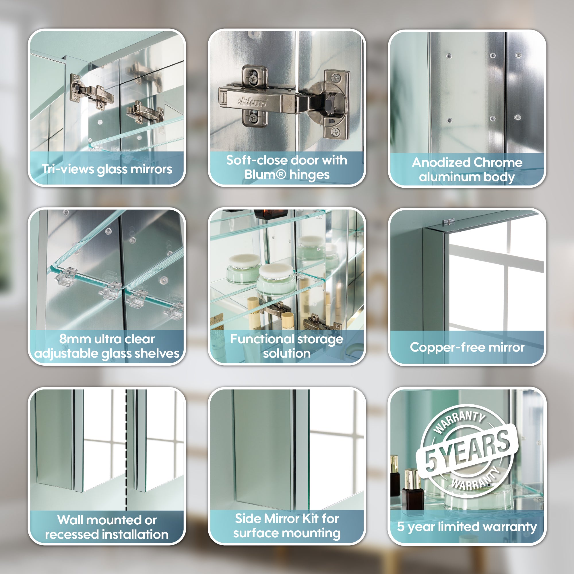 92 in. ×30 in. Copper-Free Tri-Views Mirror Medicine Cabinet with Adjustable Shelves and 7 Doors
