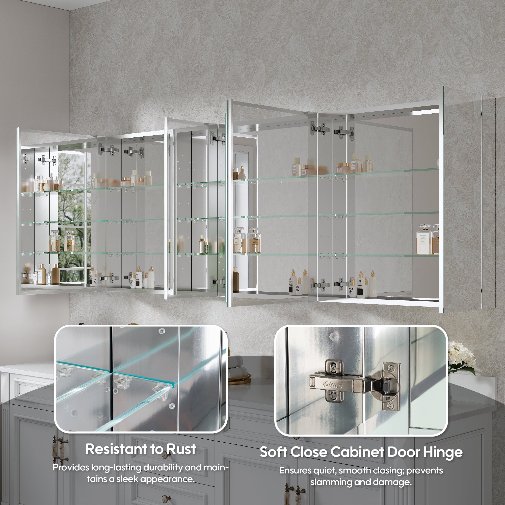 92 in. ×30 in. Copper-Free Tri-Views Mirror Medicine Cabinet with Adjustable Shelves and 7 Doors
