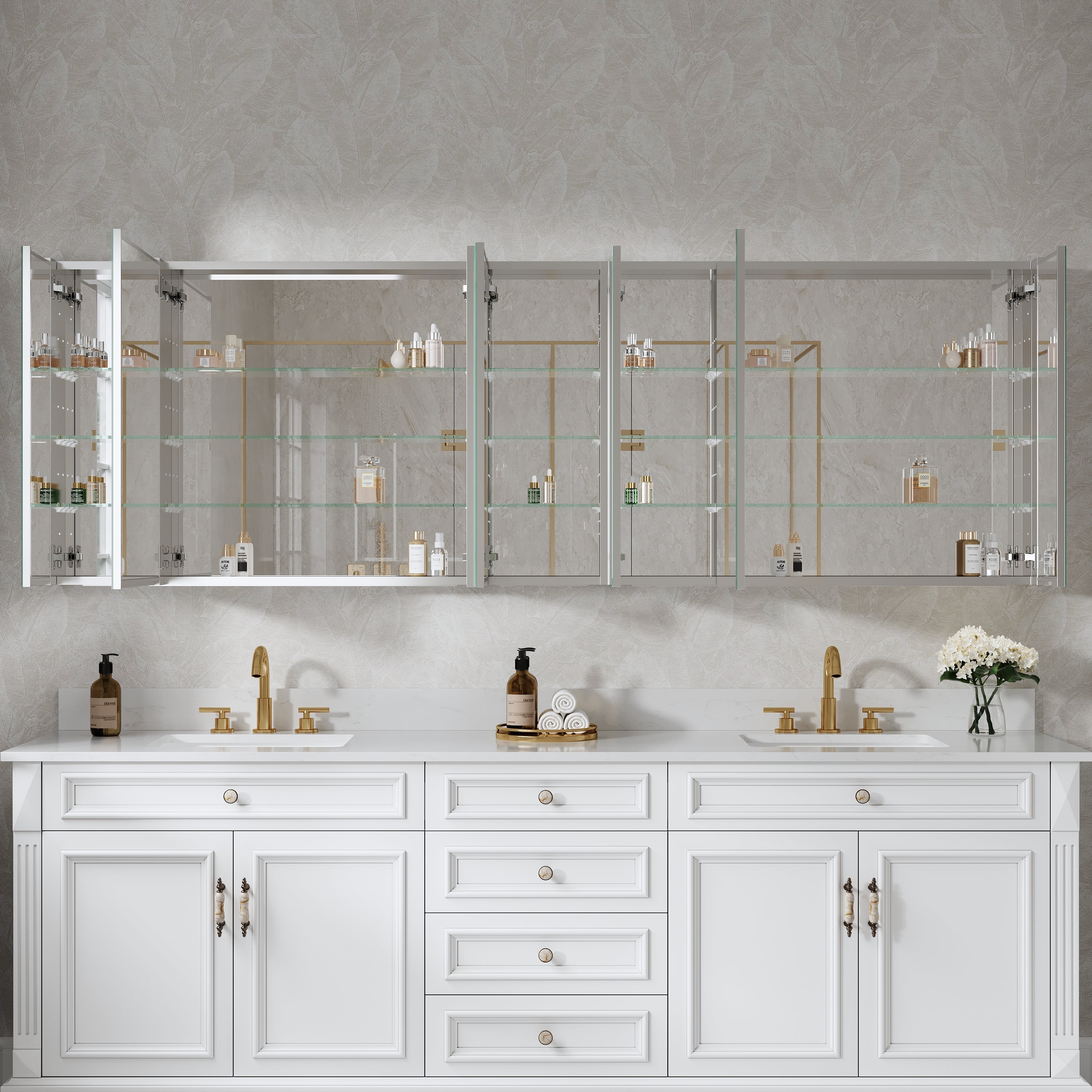 92 in. ×30 in. Copper-Free Tri-Views Mirror Medicine Cabinet with Adjustable Shelves and 7 Doors