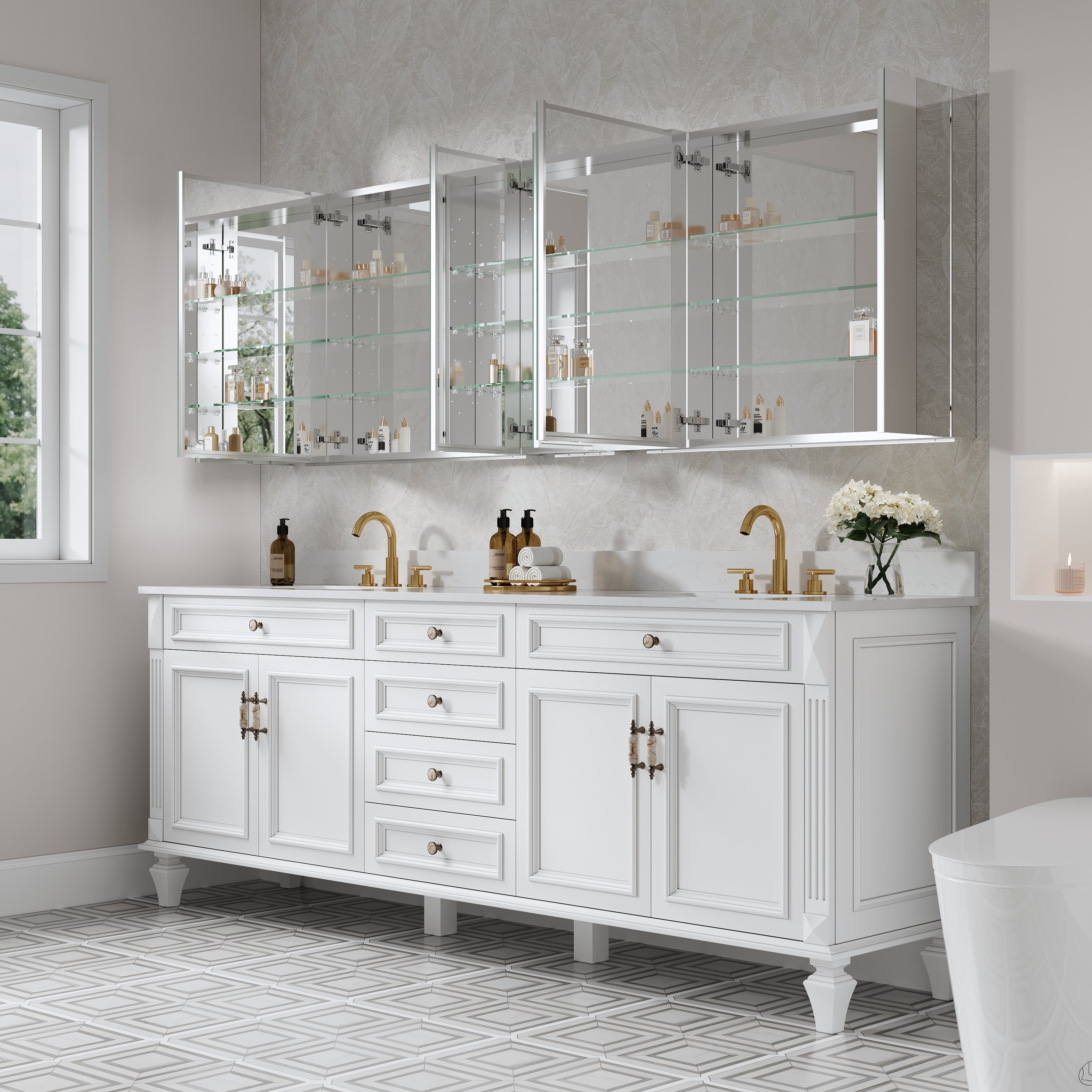 92 in. ×30 in. Copper-Free Tri-views Mirror Medicine Cabinet with Adjustable Shelves and 7 Doors