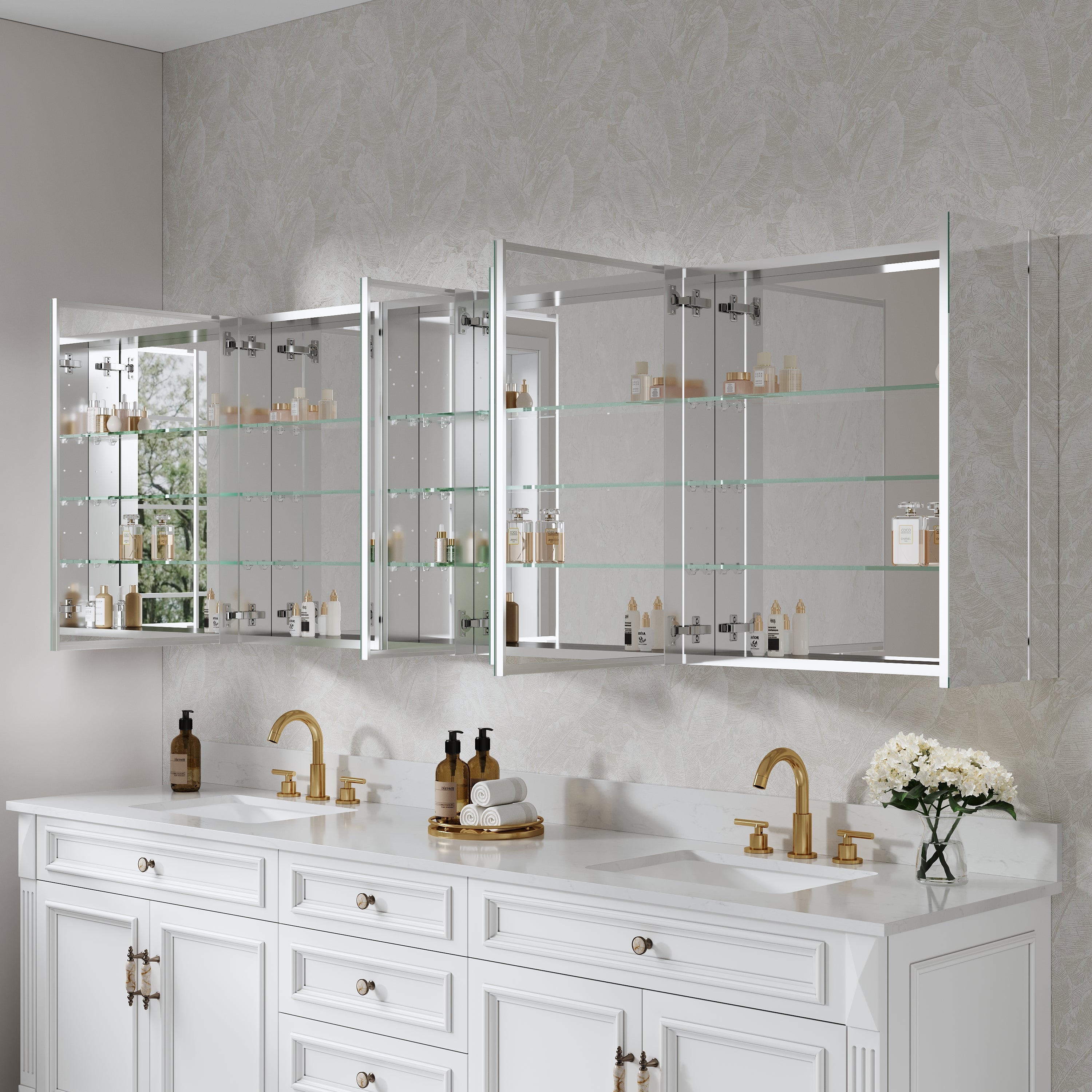 92 in. ×30 in. Copper-Free Tri-Views Mirror Medicine Cabinet with Adjustable Shelves and 7 Doors