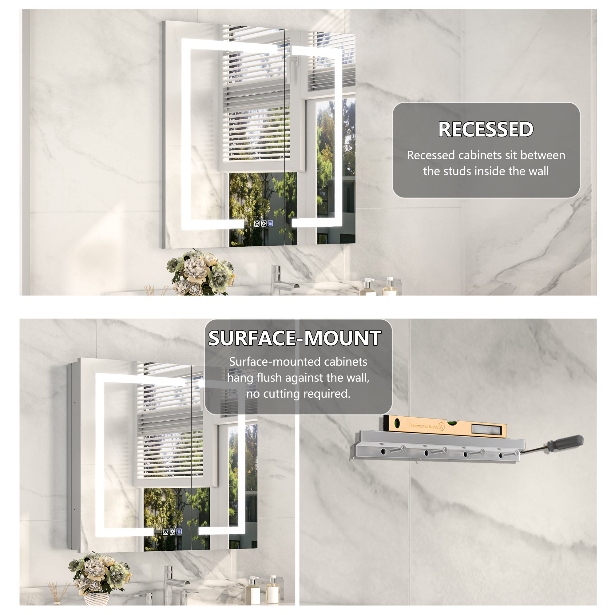 30 in. x 30 in. Recessed/Surface Mount Medicine Cabinet with Mirror and LED Light, All-Plastic Cabinet Body