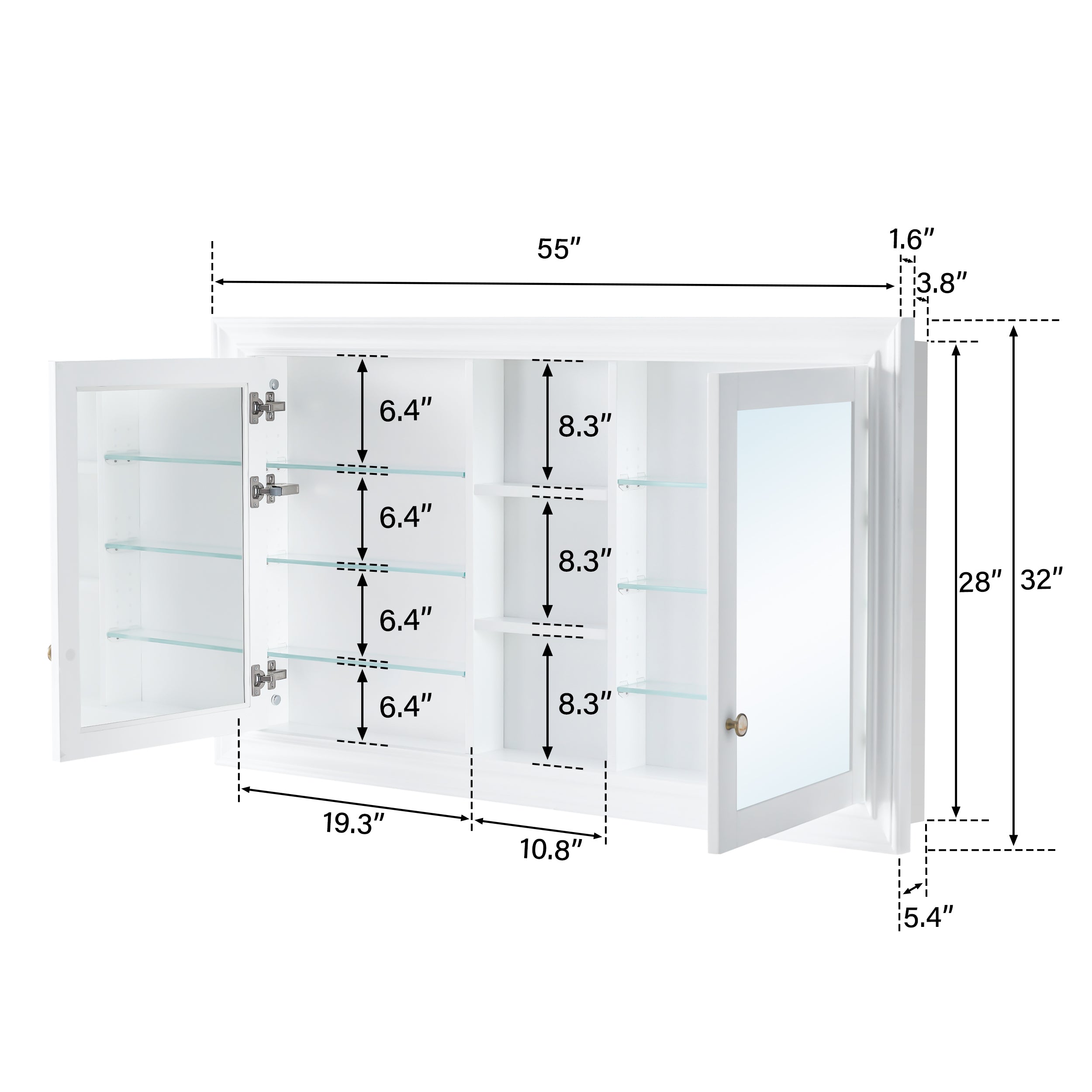 55 in.W x 32 in.H Recessed Bathroom Solid Wood Medicine Cabinet with Mirror and 6 Adjustable Glass Shelves