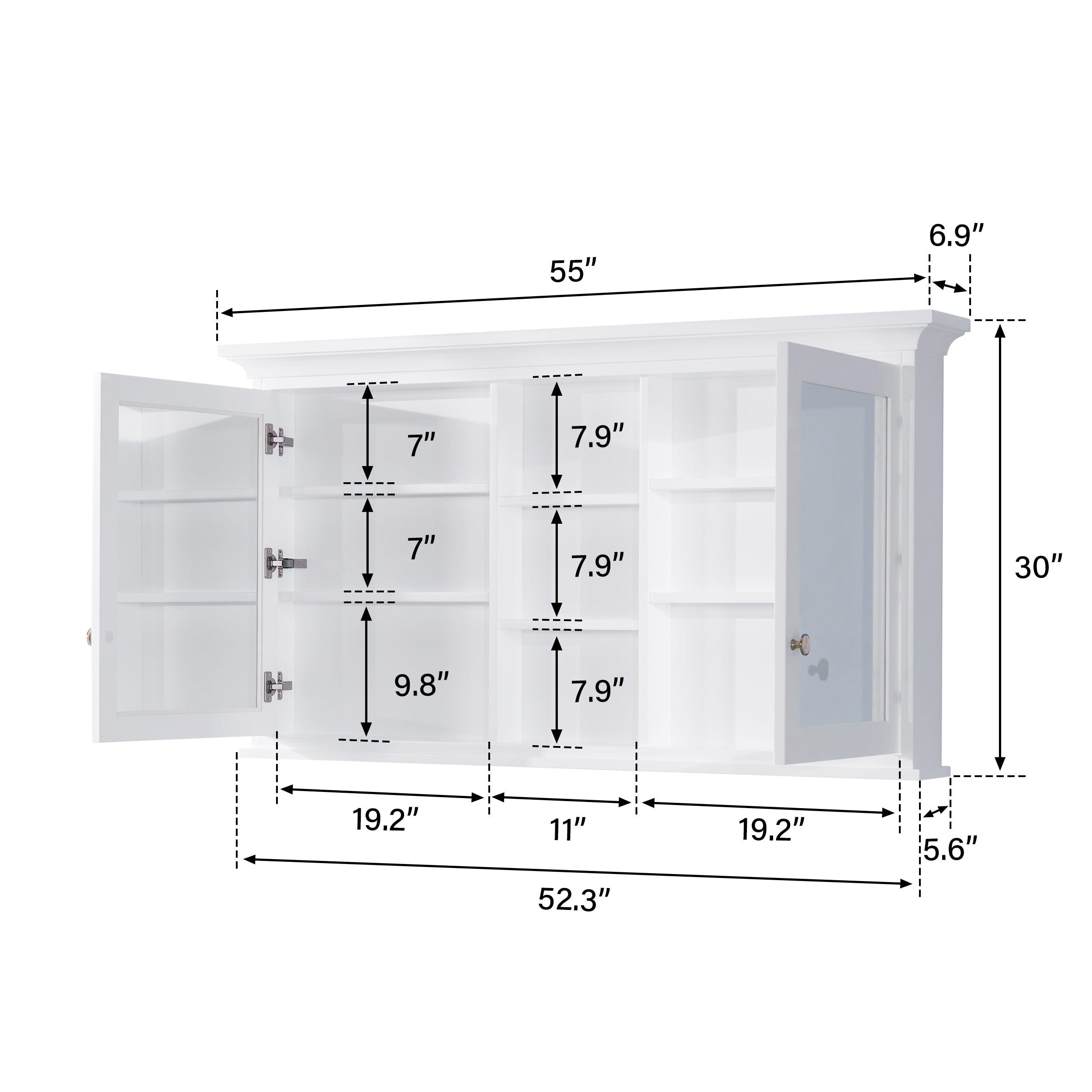 55 in.W x 30 in.H Surface-Mount Solid Wood Medicine Cabinet with Mirror, Z-bar Hangs Vertically