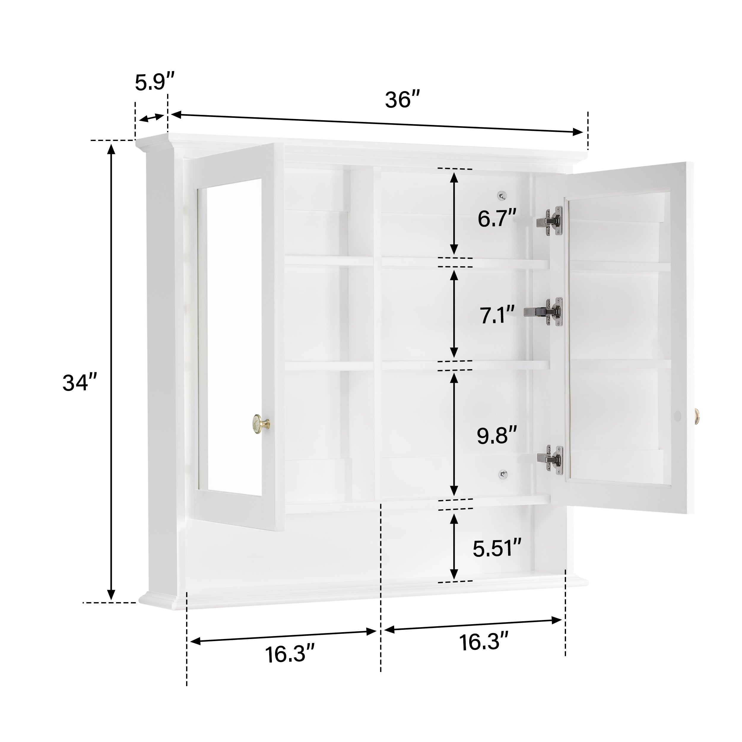 36 in.W x 34 in.H Surface-Mount Bathroom Medicine Cabinet with Mirror in White