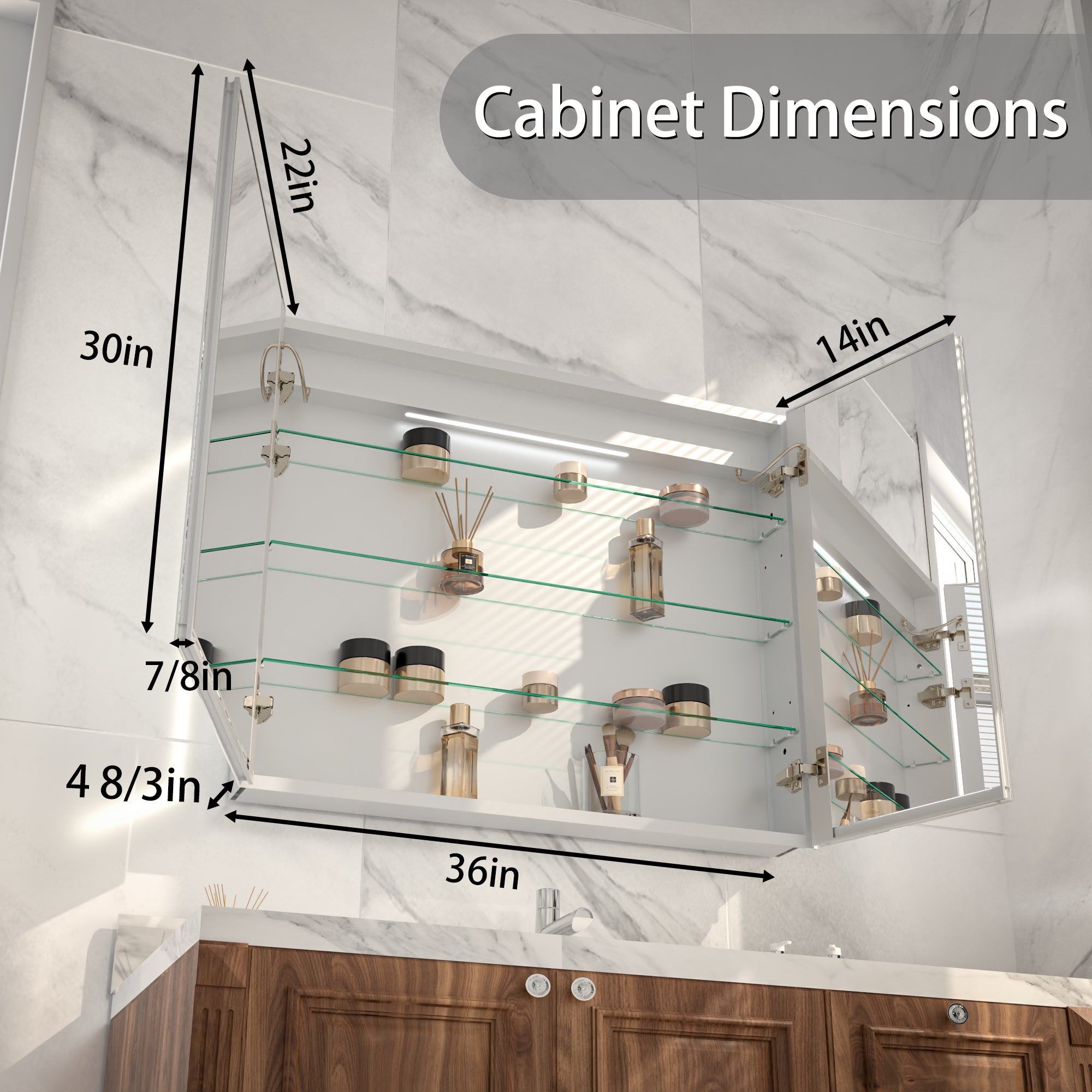 36 in. x 30 in. Recessed/Surface Mount Medicine Cabinet with Mirror and LED Light, All-Plastic Cabinet Body