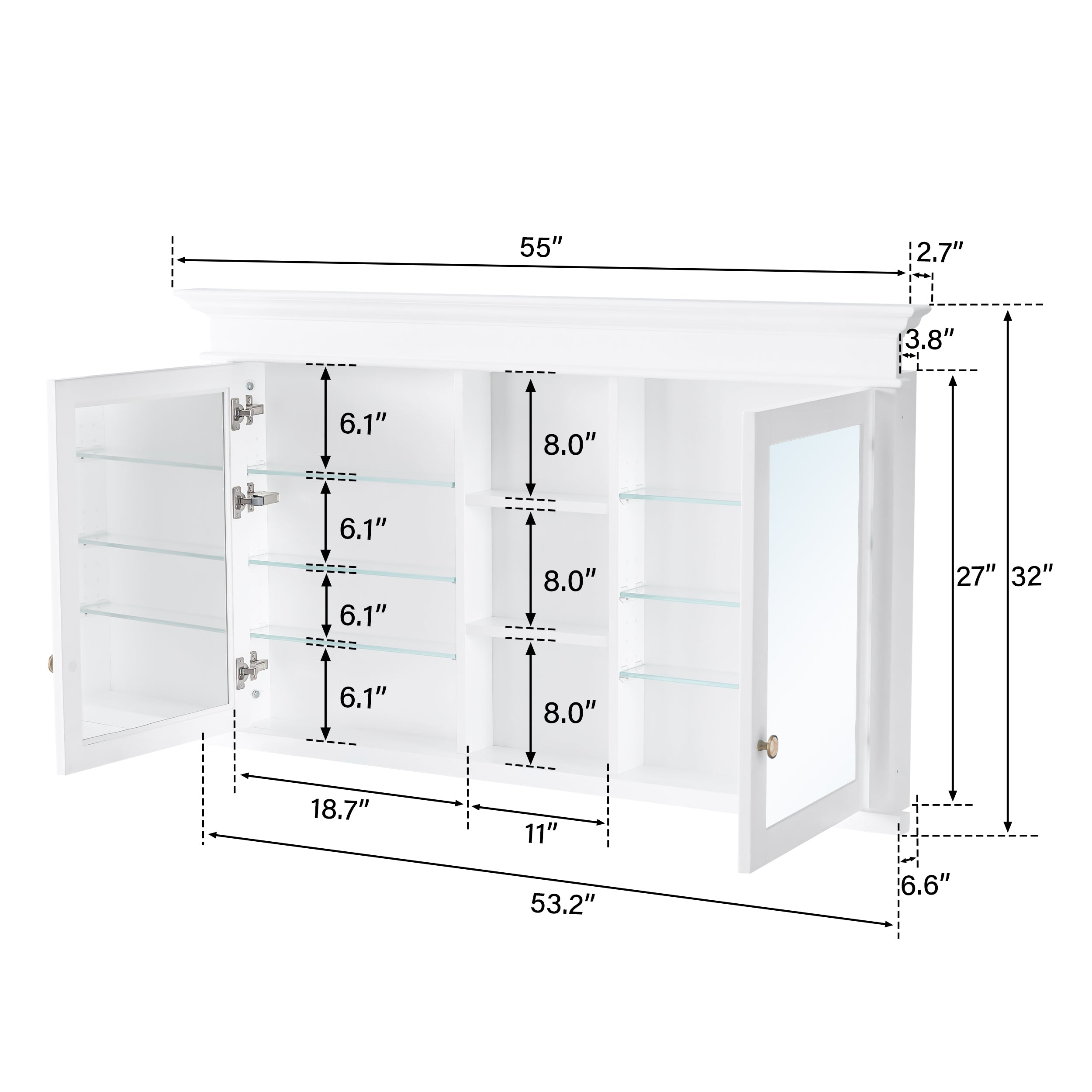 55 in.W x 32 in.H Recessed Bathroom Medicine Cabinet with Mirror in White