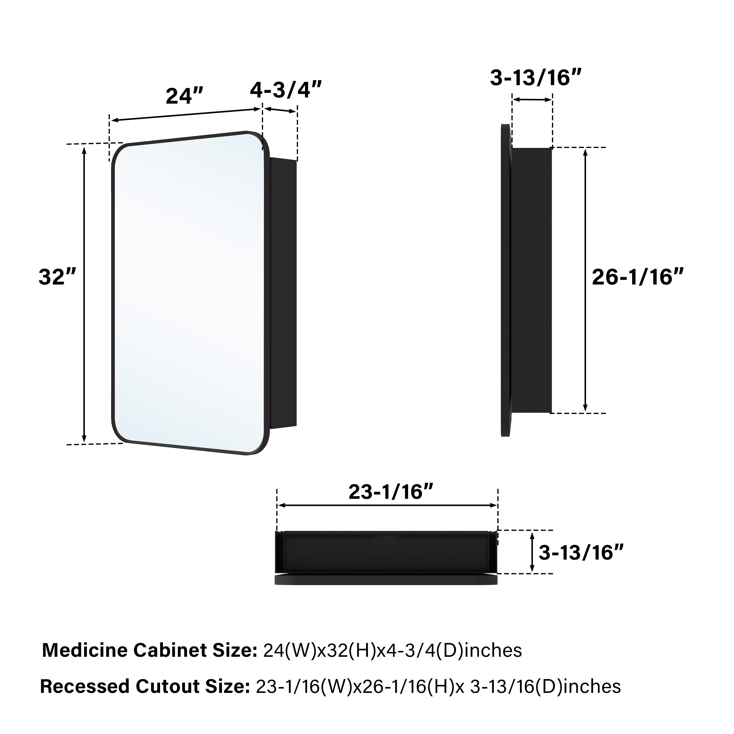 24 in. × 32 in. Black Aluminum Framed Medicine Cabinet Tempered Glass Shelves Explosion Proof Recessed or Wall Mount