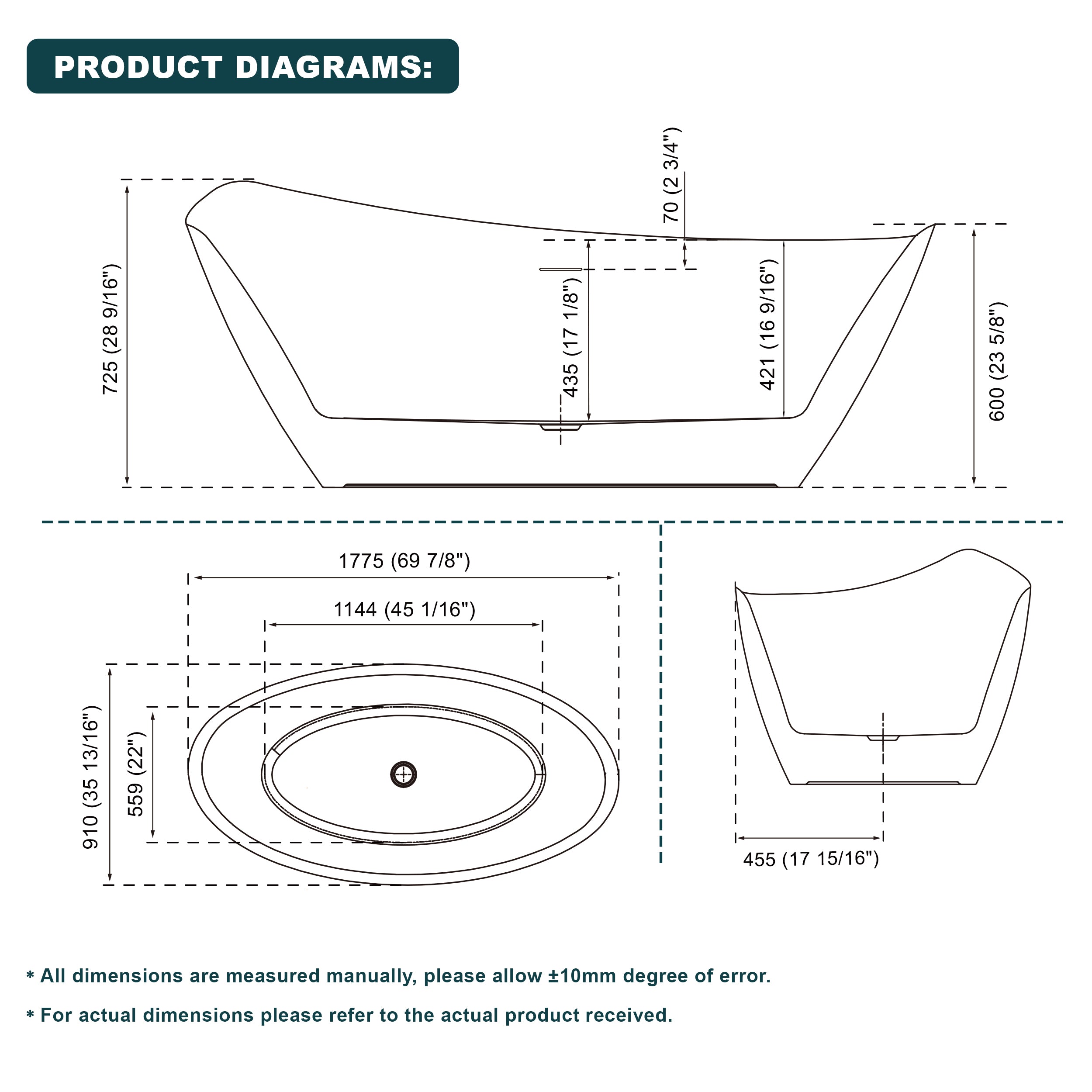 70" Freestanding Glossy White Acrylic Bathtub with Overflow and Drain