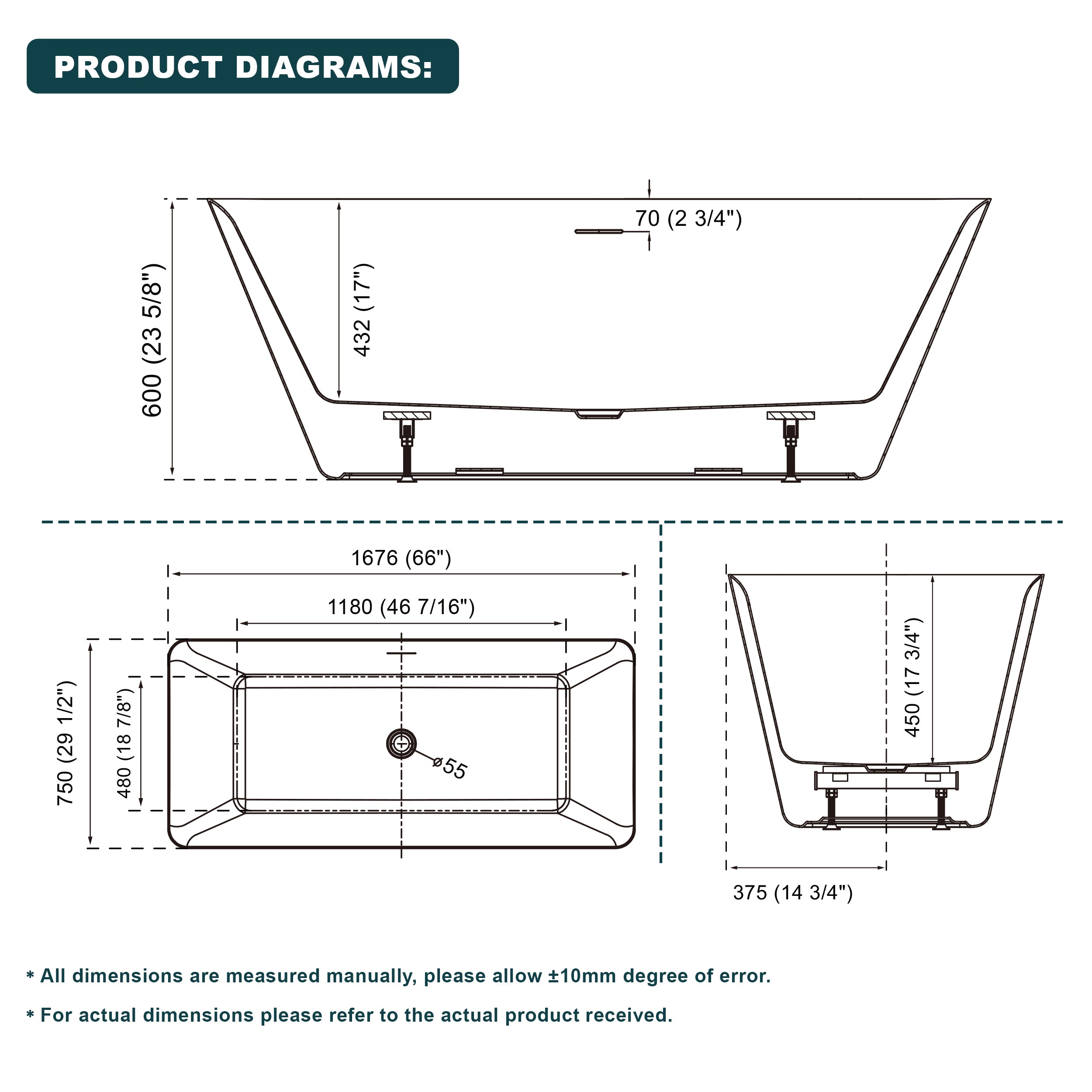 66" Freestanding Glossy White Acrylic Bathtub with Overflow and Drain Rectangle Tub
