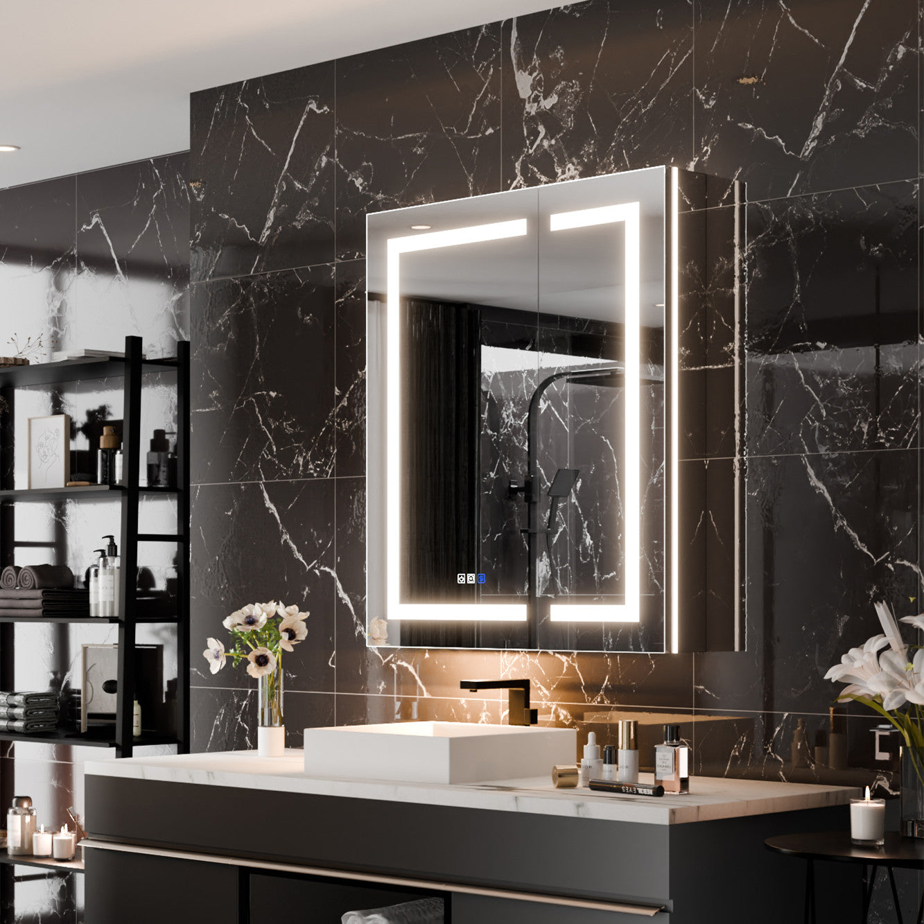 WELLFOR 30 in. x 36 in. Recessed/Surface Mount LED Medicine Cabinet with Magnifier Mirror