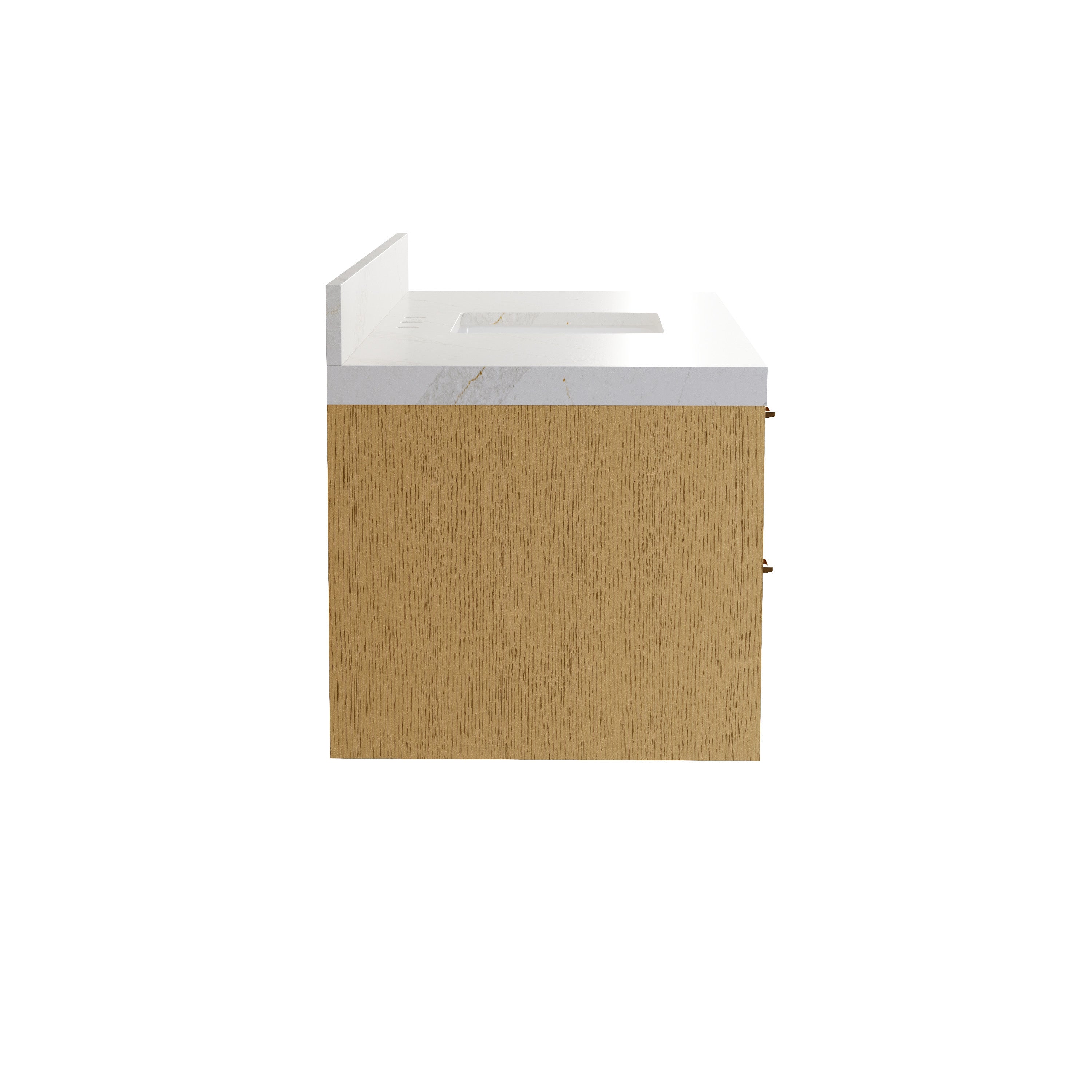 36-Inch Solid Oak Floating Bathroom Vanity with Calacatta Quartz Countertop, 2 Soft-Close Fluted Drawers