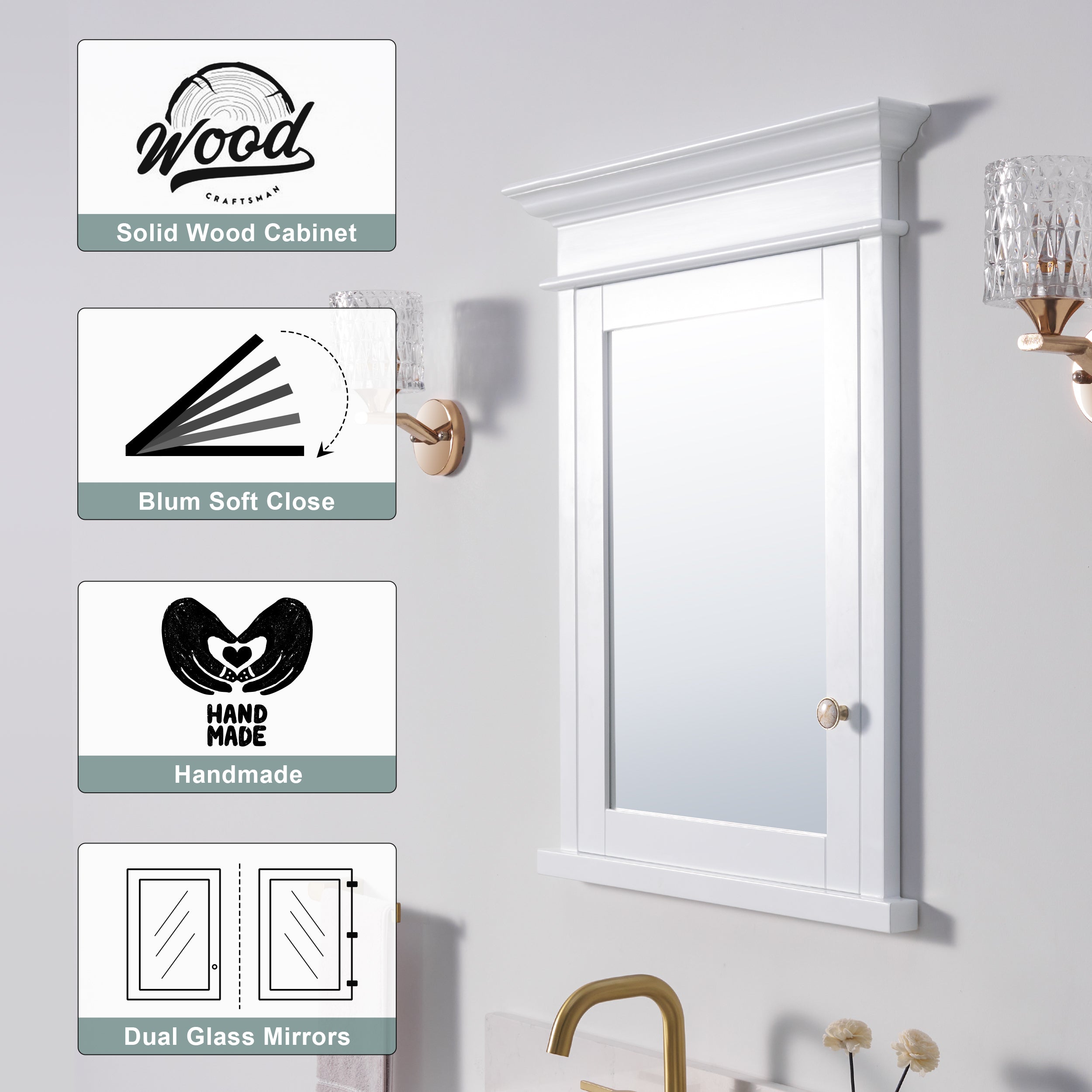 26 in.W x 32 in.H Solid Wood Recessed Bathroom Medicine Cabinet with Mirror in White