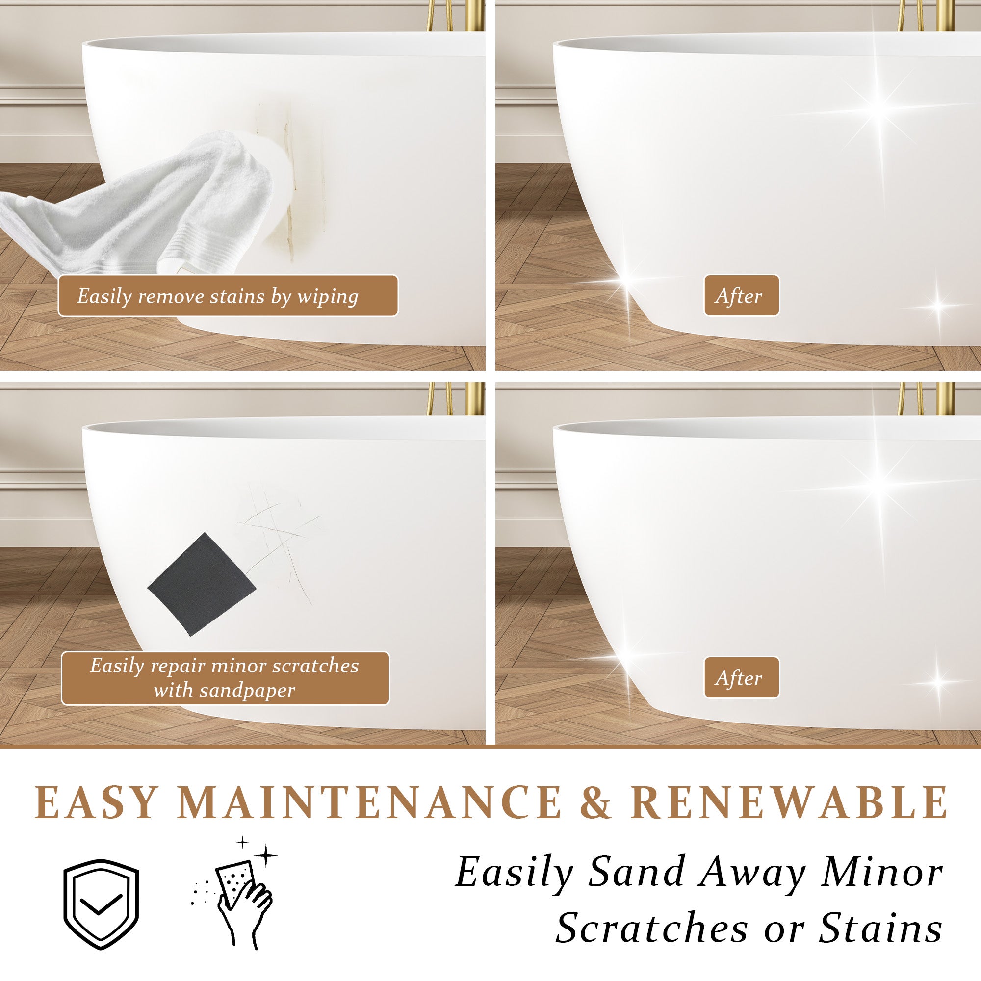 67" Matte White Solid Surface Bathtub with Drain & Integrated Slotted Overflow, 78 Gallons