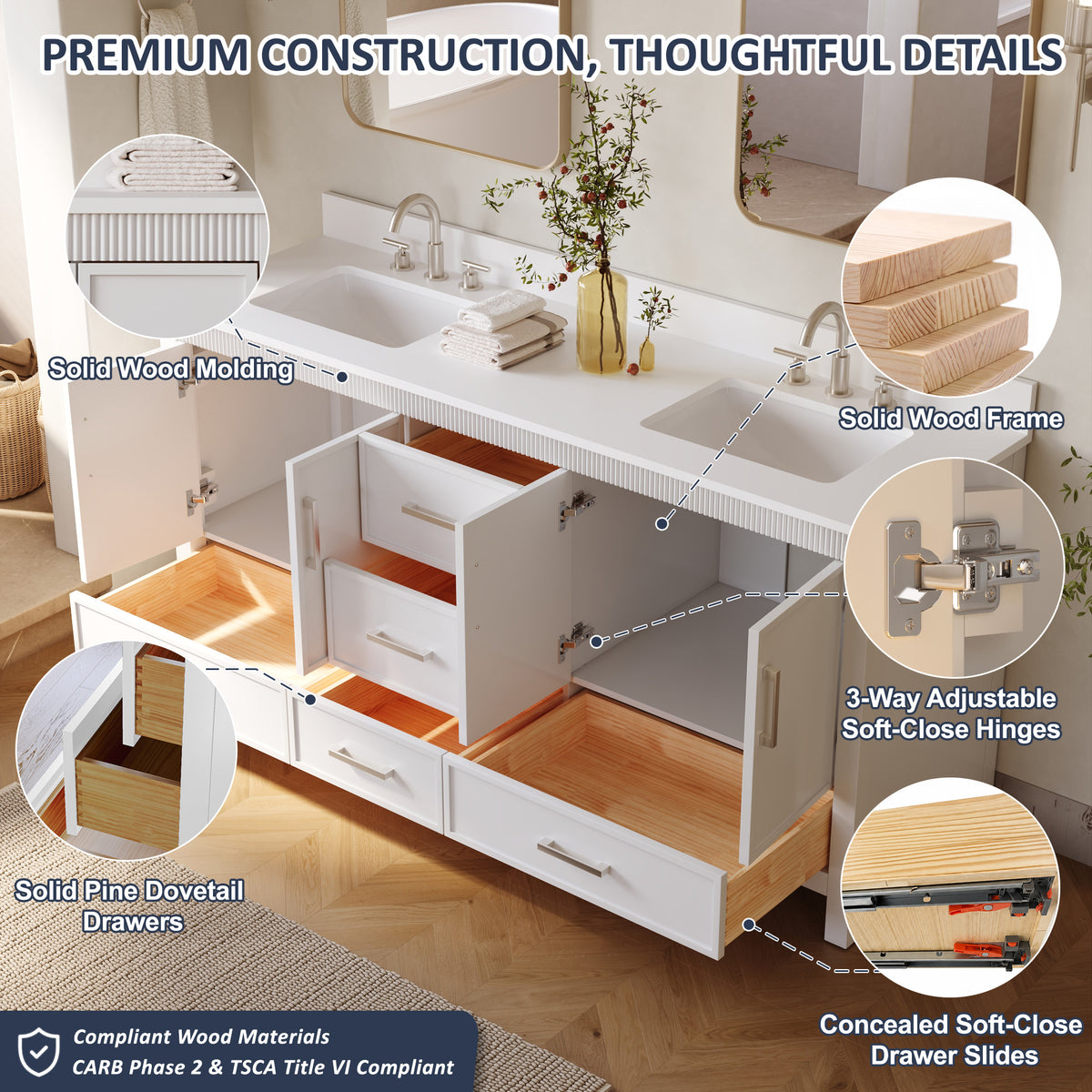 72 Inch Freestanding Solid Wood Bathroom Vanity with Pure White Quartz Countertop, 4 Soft-Close Doors & 5 Dovetail Drawers, White