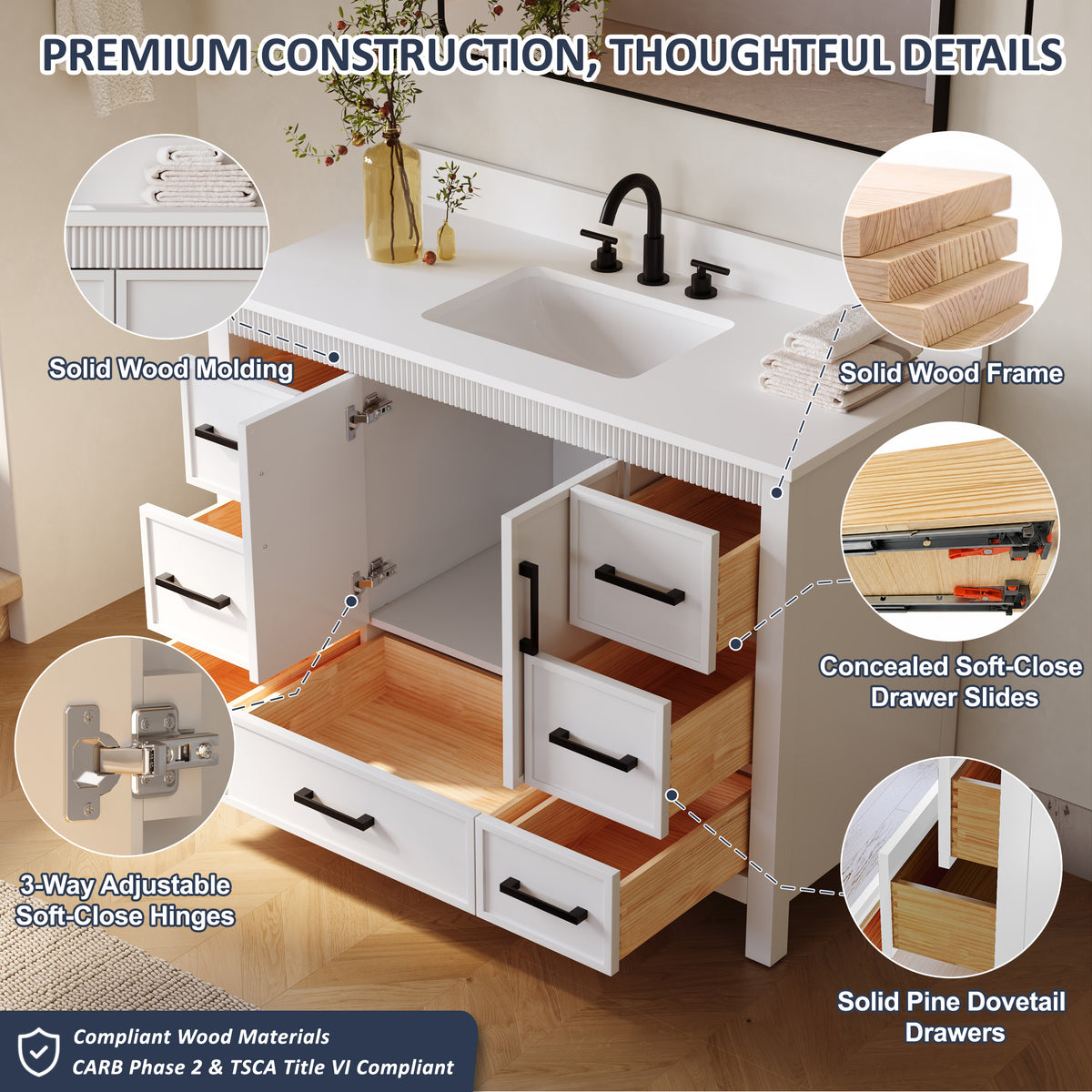 48 Inch Freestanding Solid Wood Bathroom Vanity with Fluted Molding, Pure White Quartz Countertop, White