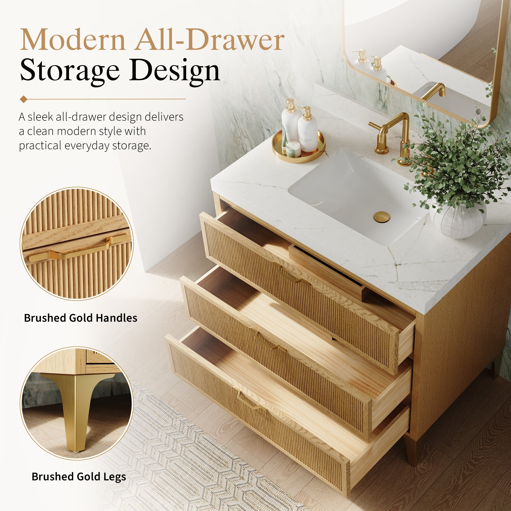 36 Inch Modern Solid Oak Bathroom Vanity with Calacatta Quartz Countertop, 3 Fluted Drawers & Brushed Gold Legs