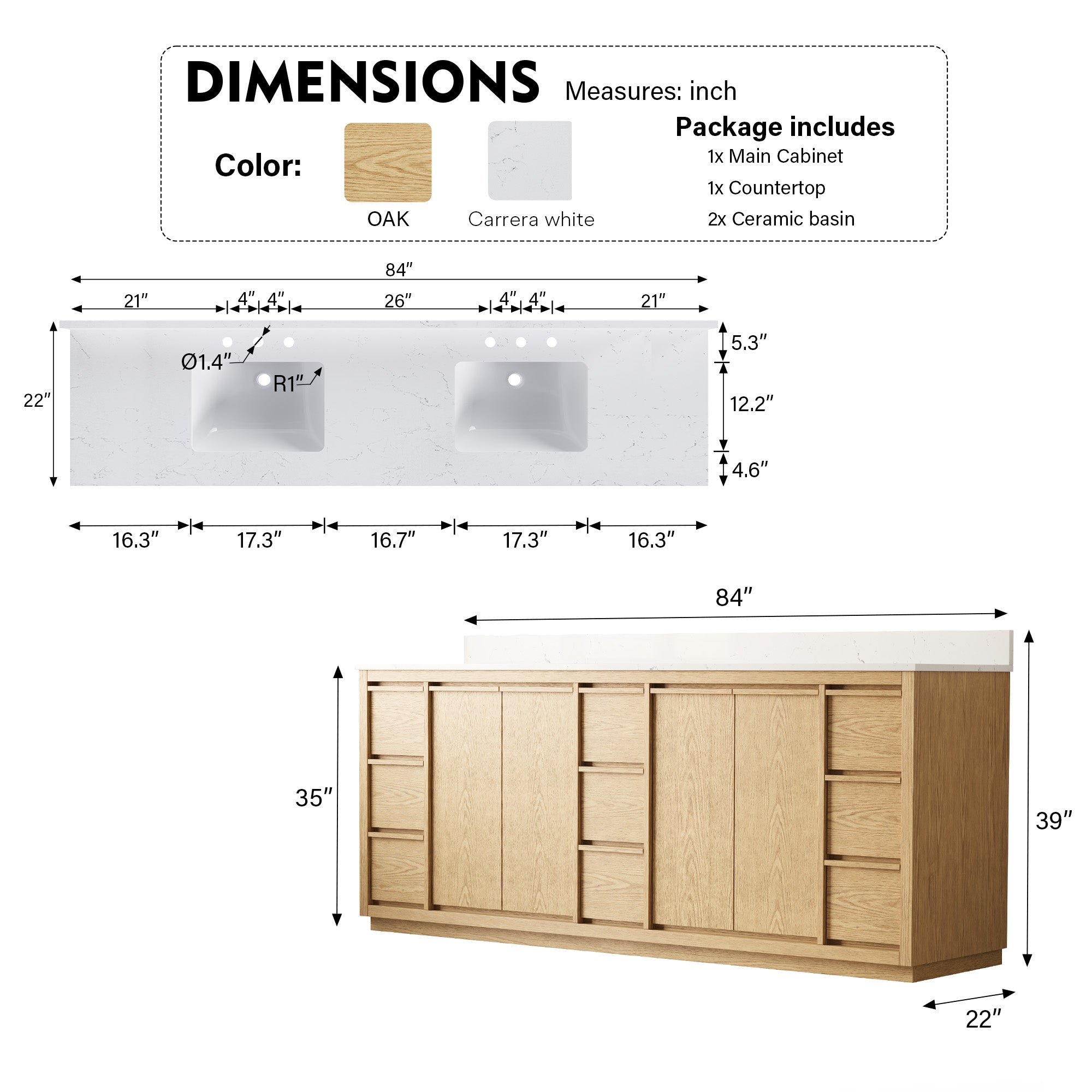 84 Inch Oak Soild Wood Bathroom Vanity with Double Undermount Sinks, 9 Dovetail-constructed Drawers and 4 Soft-close Doors