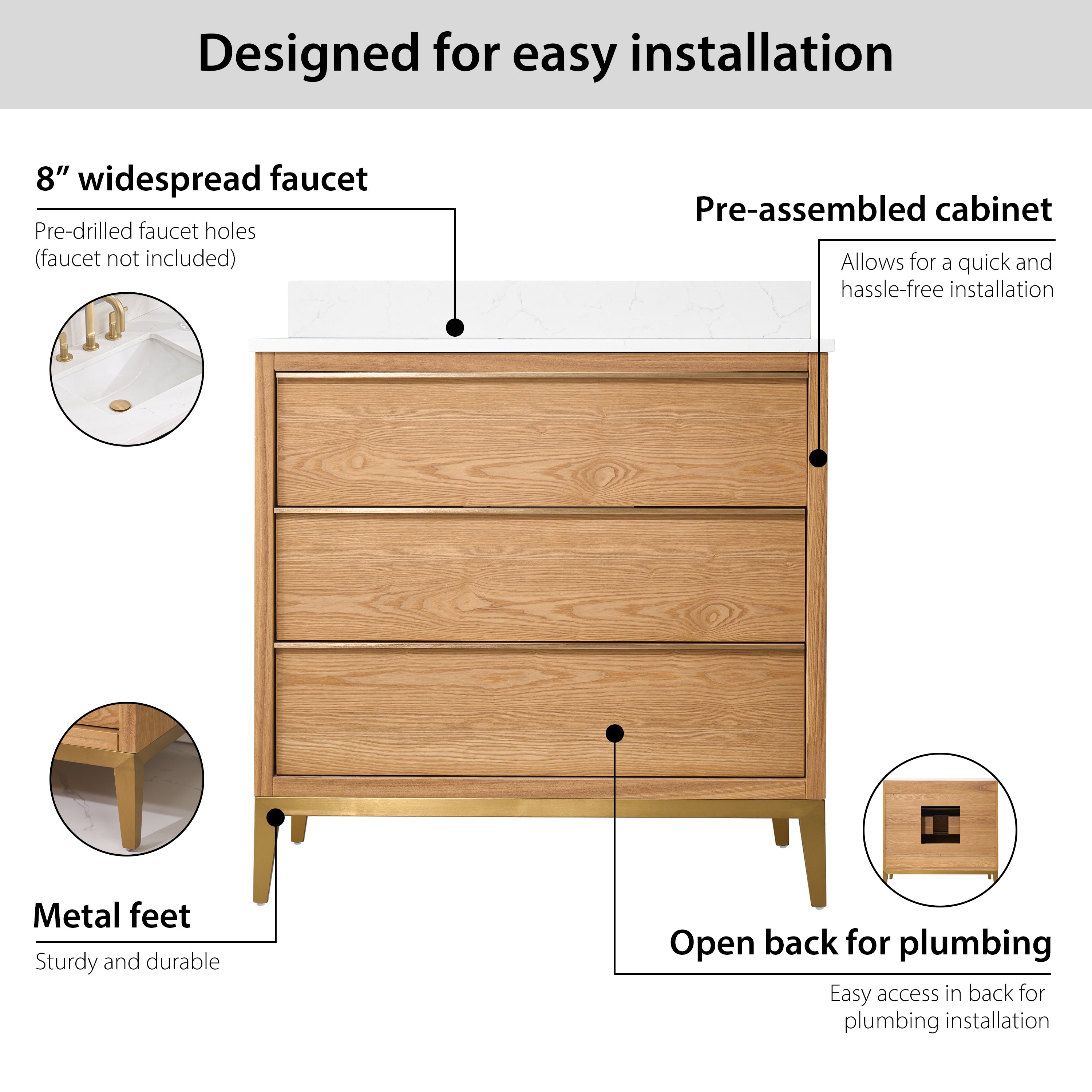 36 in. Bathroom Vanity in Light Oak with Carrara White Quartz Vanity Top