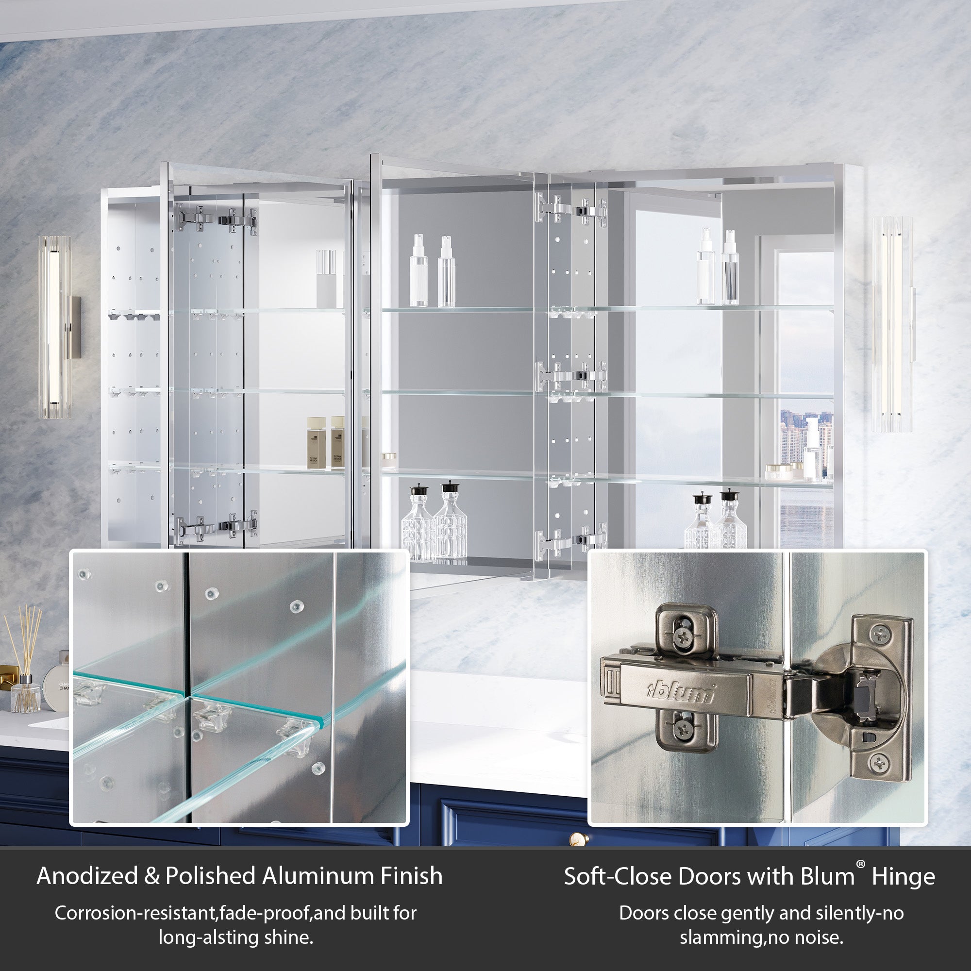 64 in.×30 in.H Copper-Free Mirror Medicine Cabinet with Beveled Mirror Door, Soft-Close Blum® Hinges, 9 Adjustable Shelves