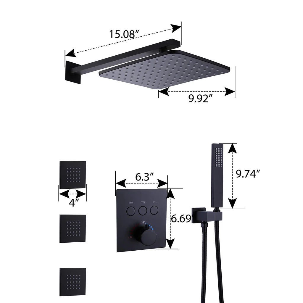 10 Inch Thermostatic Rainfall Shower System With 3 PCS Body Jets Mixer Set