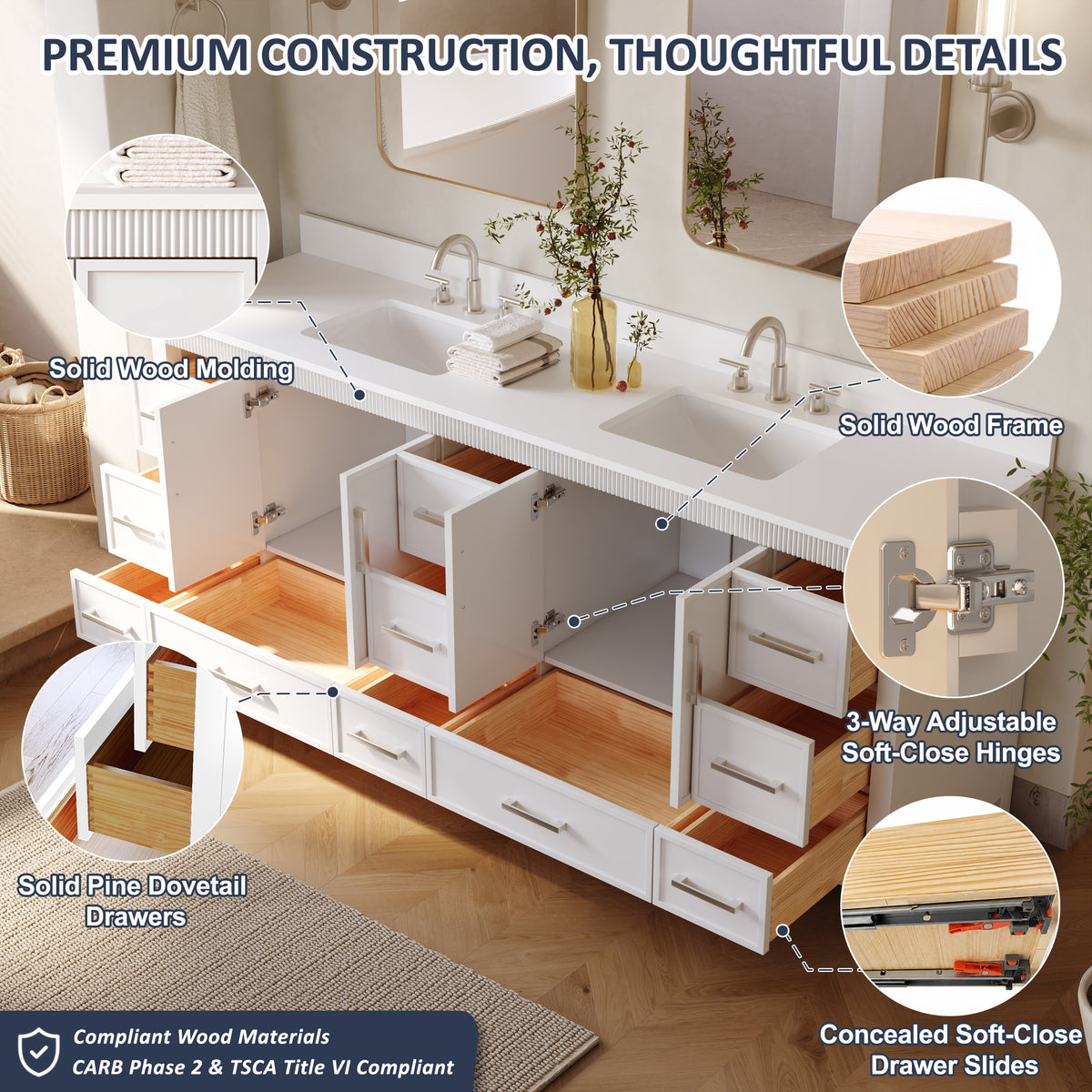 84 Inch Freestanding Solid Wood Bathroom Vanity with Pure White Quartz Countertop, 4 Soft-Close Doors & 11 Dovetail Drawers, White