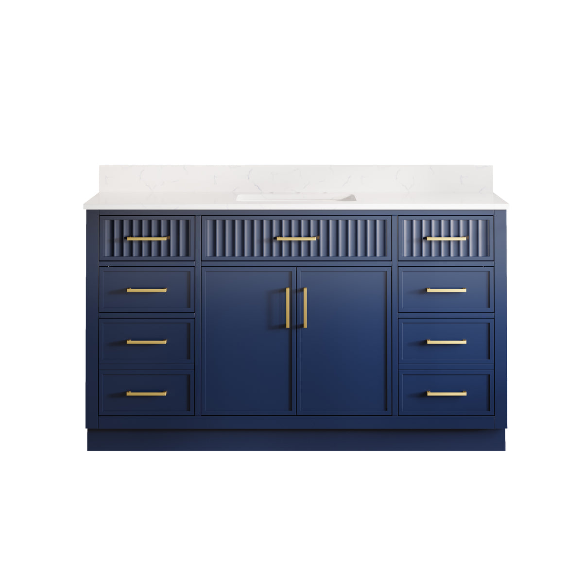 60 Inch Solid Wood and Plywood Bathroom Vanity with Carrara White Quartz Top, 2 Soft-Close Doors & 7 Drawers, Navy Blue