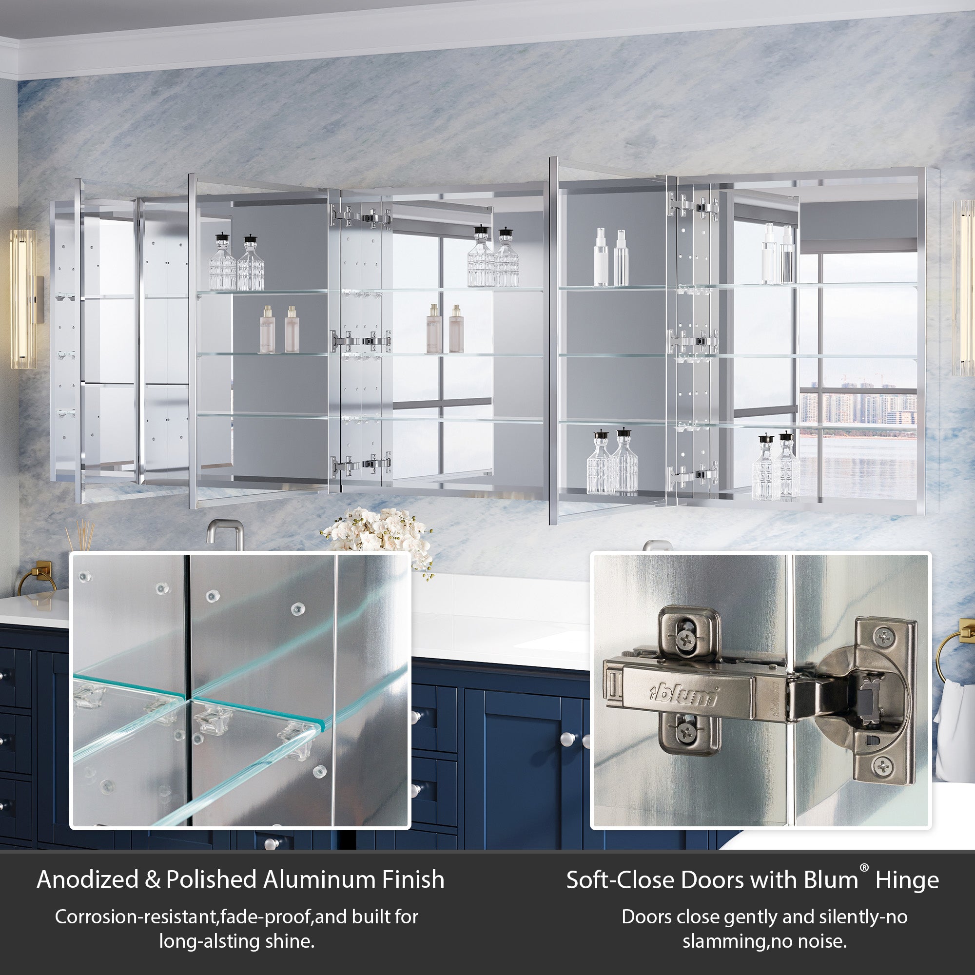 96 in.×30 in.H Aluminum Copper-Free Mirror Medicine Cabinet with Beveled Mirror Door and Open Shelf Storage Set