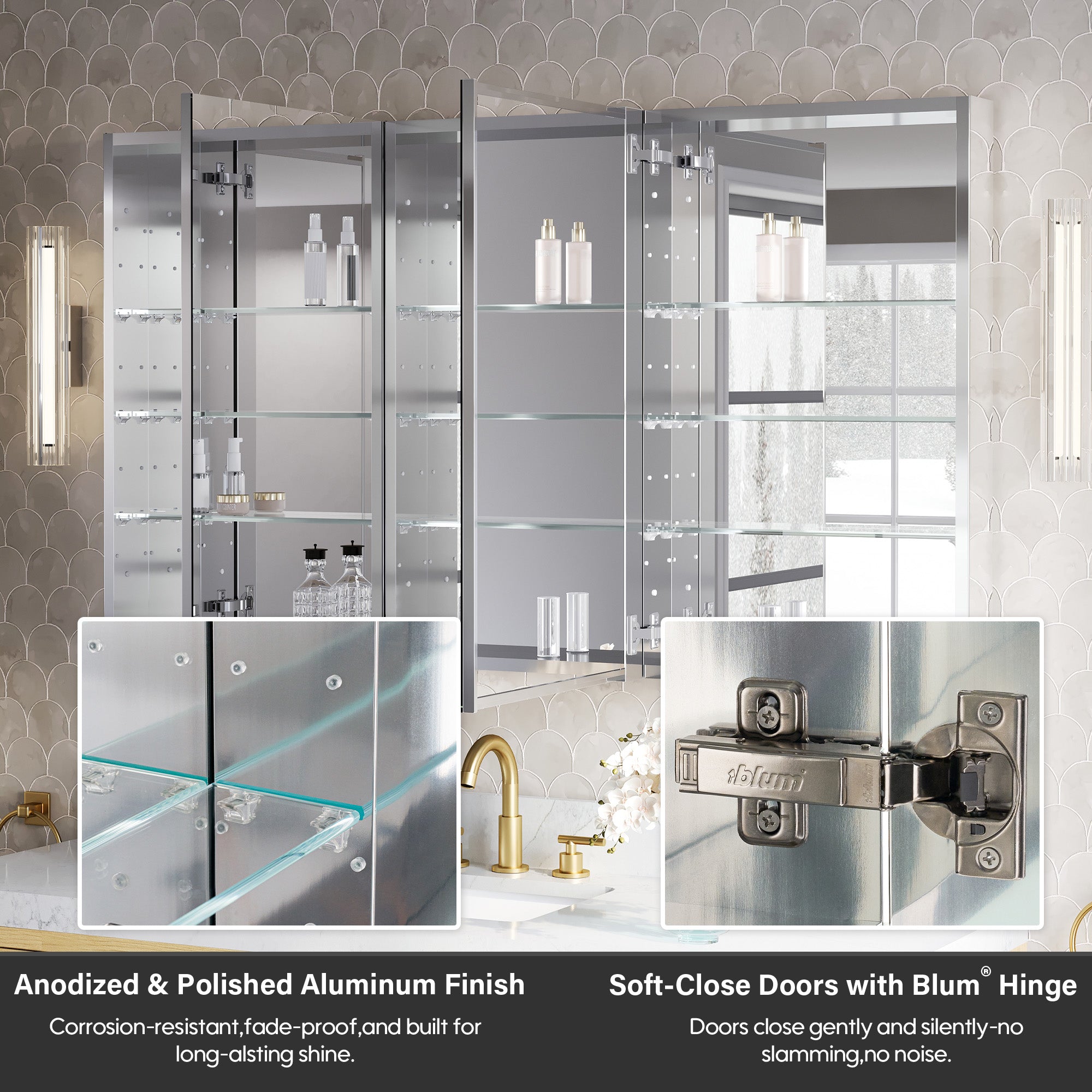 56 in.×32 in.H Copper-Free Mirror Medicine Cabinet with Soft-Close Blum® Hinges and 3 Doors