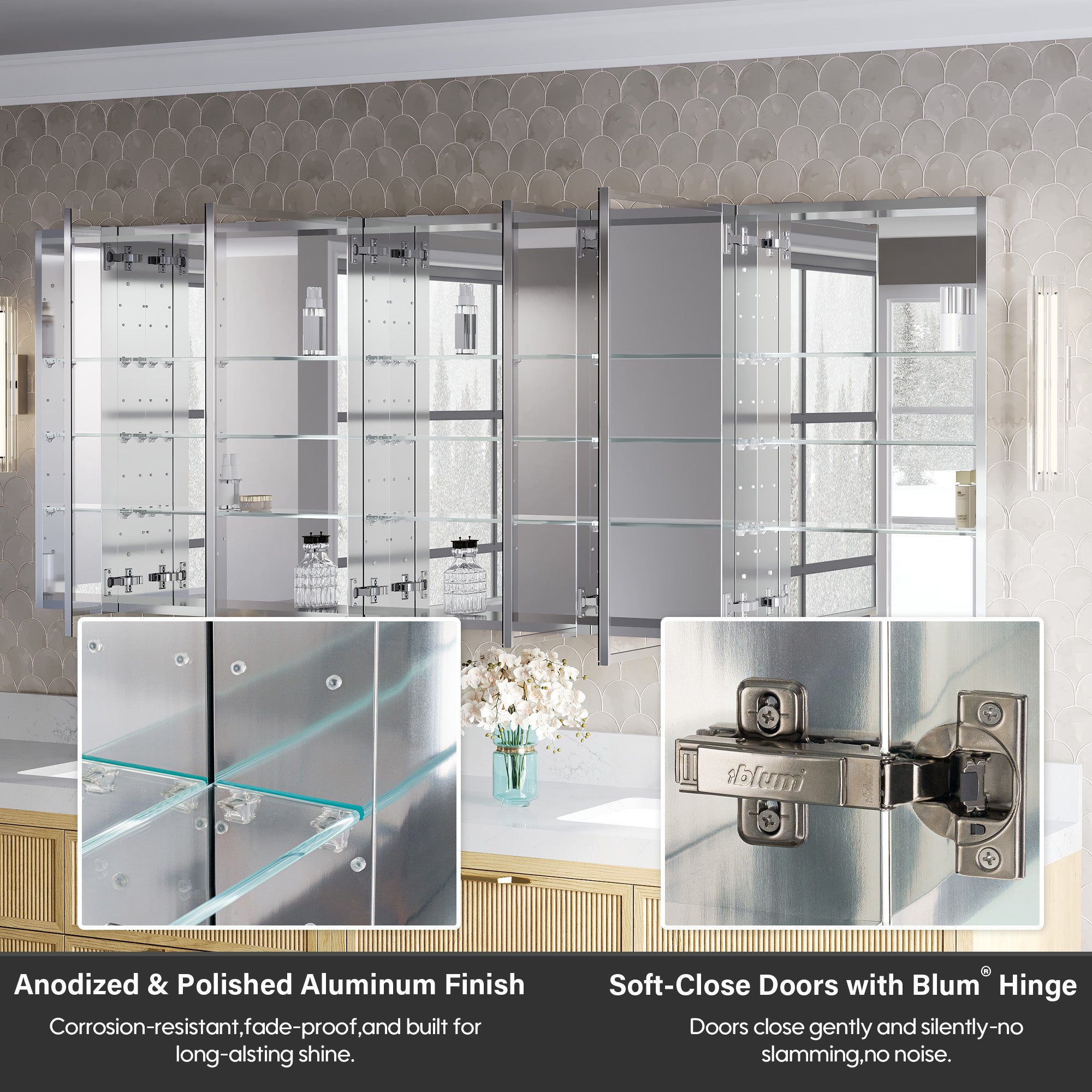 84 in.×32 in.H Copper-Free Mirror Medicine Cabinet with Soft-Close Blum® Hinges and 5 Doors