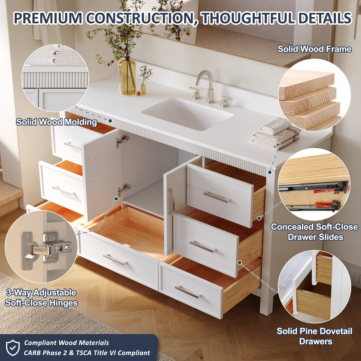 60 Inch Freestanding Solid Wood Bathroom Vanity with Pure White Quartz Countertop, 2 Soft-Close Doors & 7 Dovetail Drawers, White