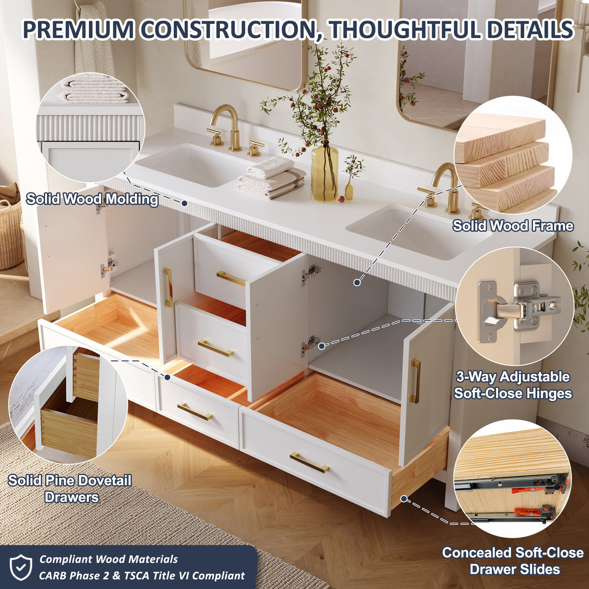 72 Inch Freestanding Solid Wood Bathroom Vanity with Pure White Quartz Countertop, 4 Soft-Close Doors & 5 Dovetail Drawers, White