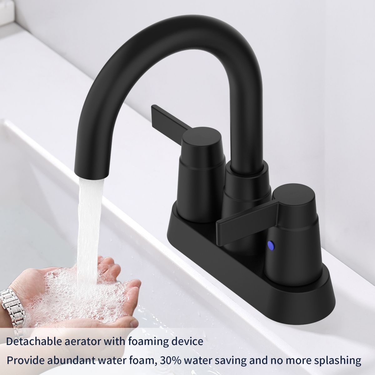 Matte Black 4 Inch Centerset Bathroom Faucet 2 Handle with High Arc Swivel