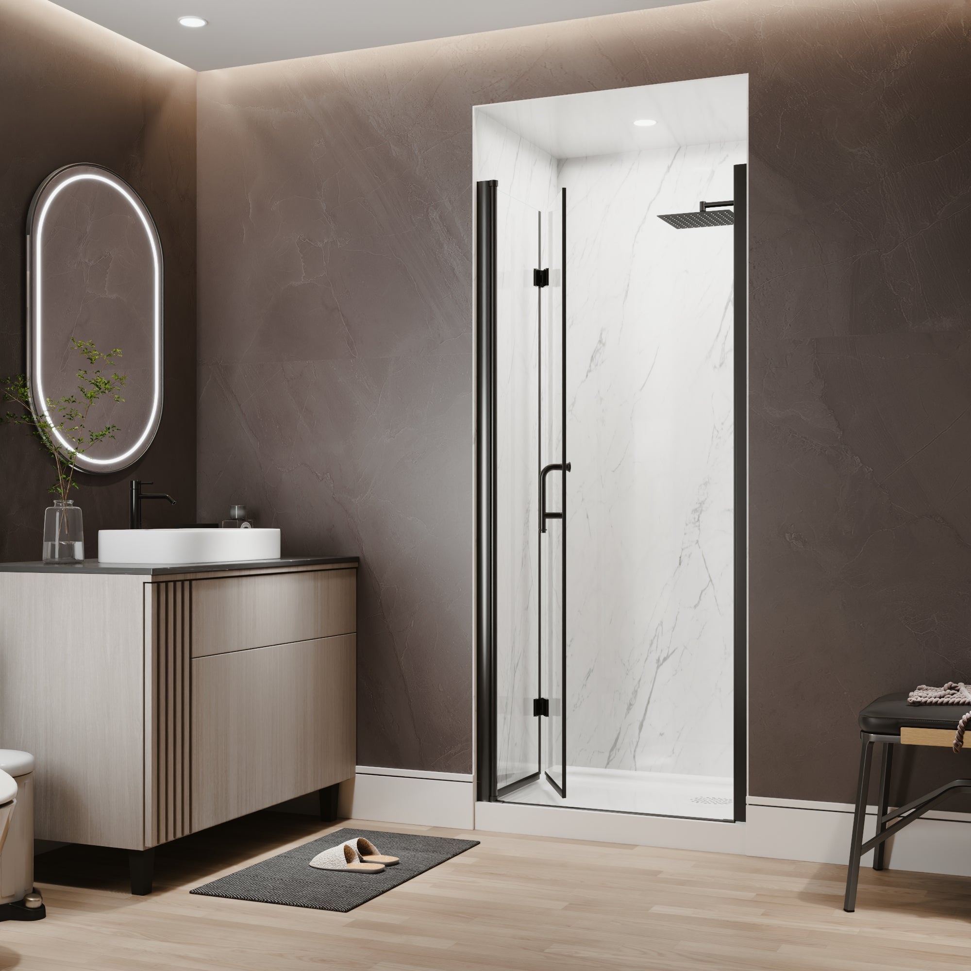 32-34 in. W x 72 in. H Modern Semi-Frameless 1/4 in. Tempered Glass Bifold Pivot Shower Door with Reversible Installation, Matte Black