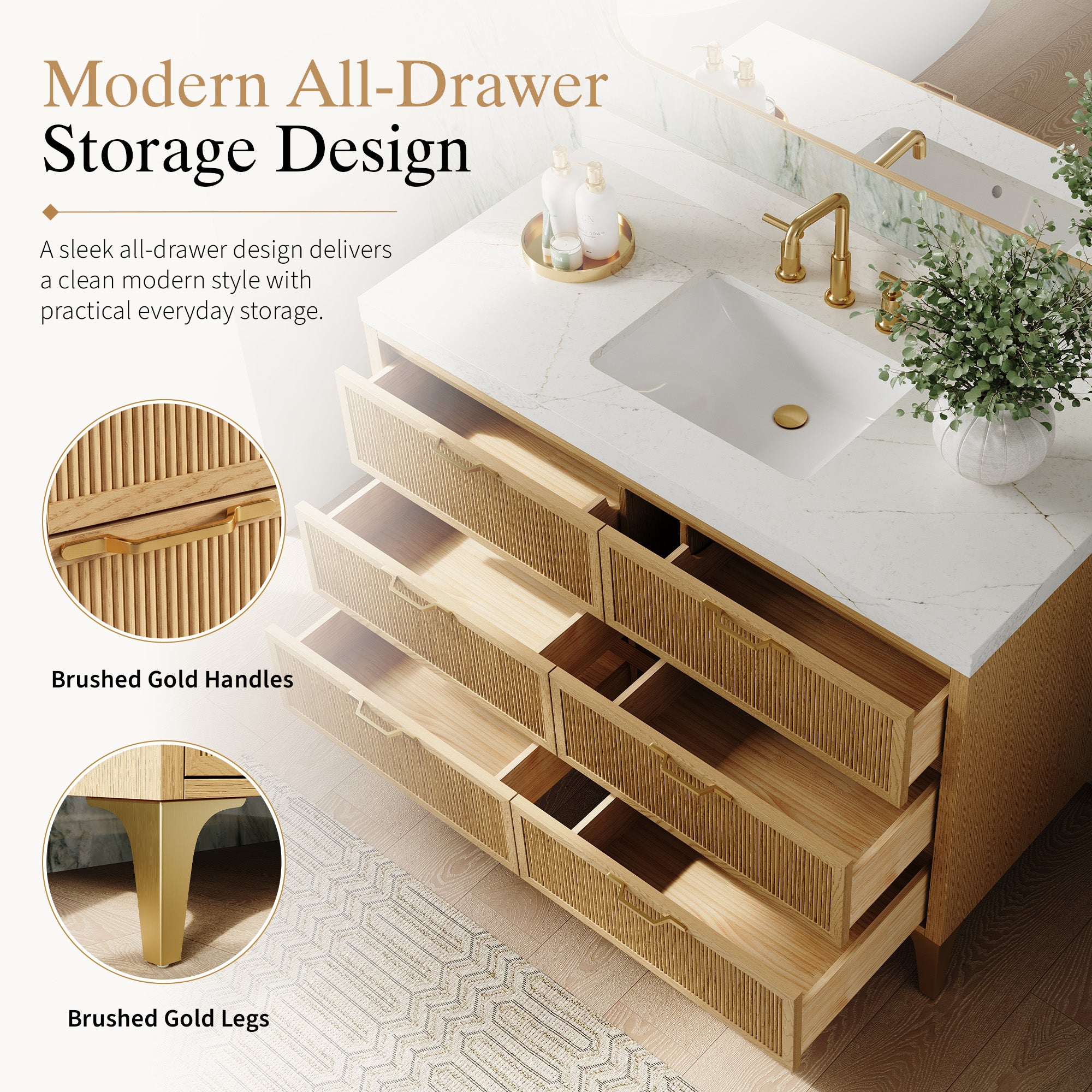 48 Inch Modern Solid Oak Bathroom Vanity with Calacatta Quartz Countertop, 6 Fluted Drawers & Brushed Gold Legs