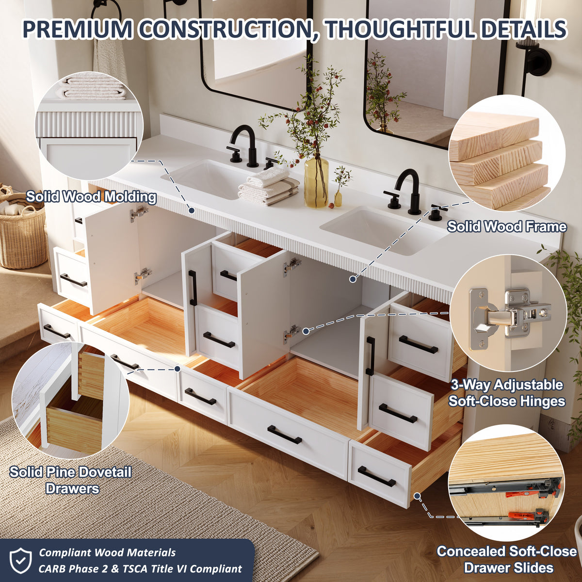 84 Inch Freestanding Solid Wood Bathroom Vanity with Pure White Quartz Countertop, 4 Soft-Close Doors & 11 Dovetail Drawers, White